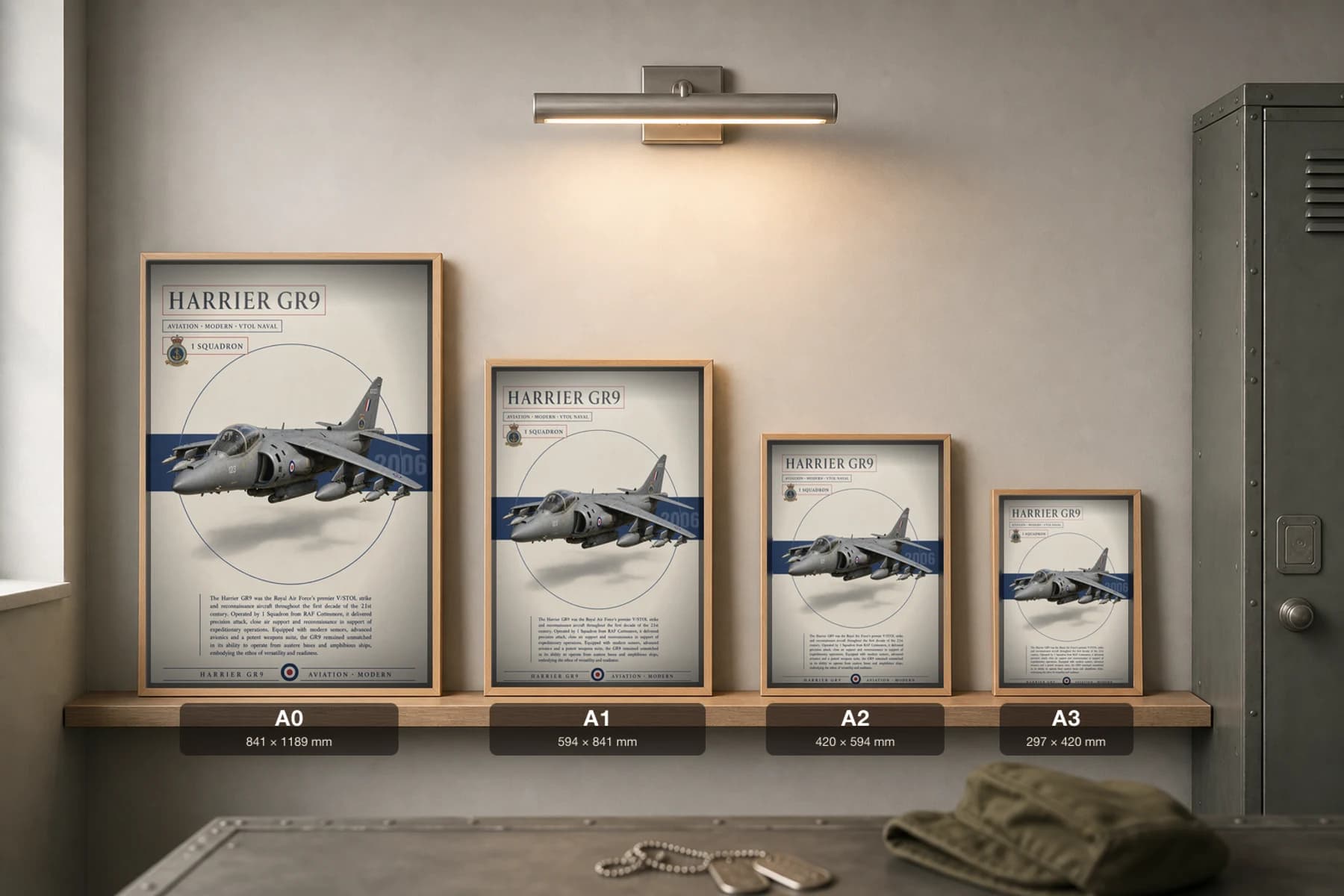 Harrier GR9 Poster — 1 Squadron military aviation wall art · framed A2 · 2006 — print size guide showing the artwork at A0, A1, A2 and A3 in natural-oak frames at true relative scale