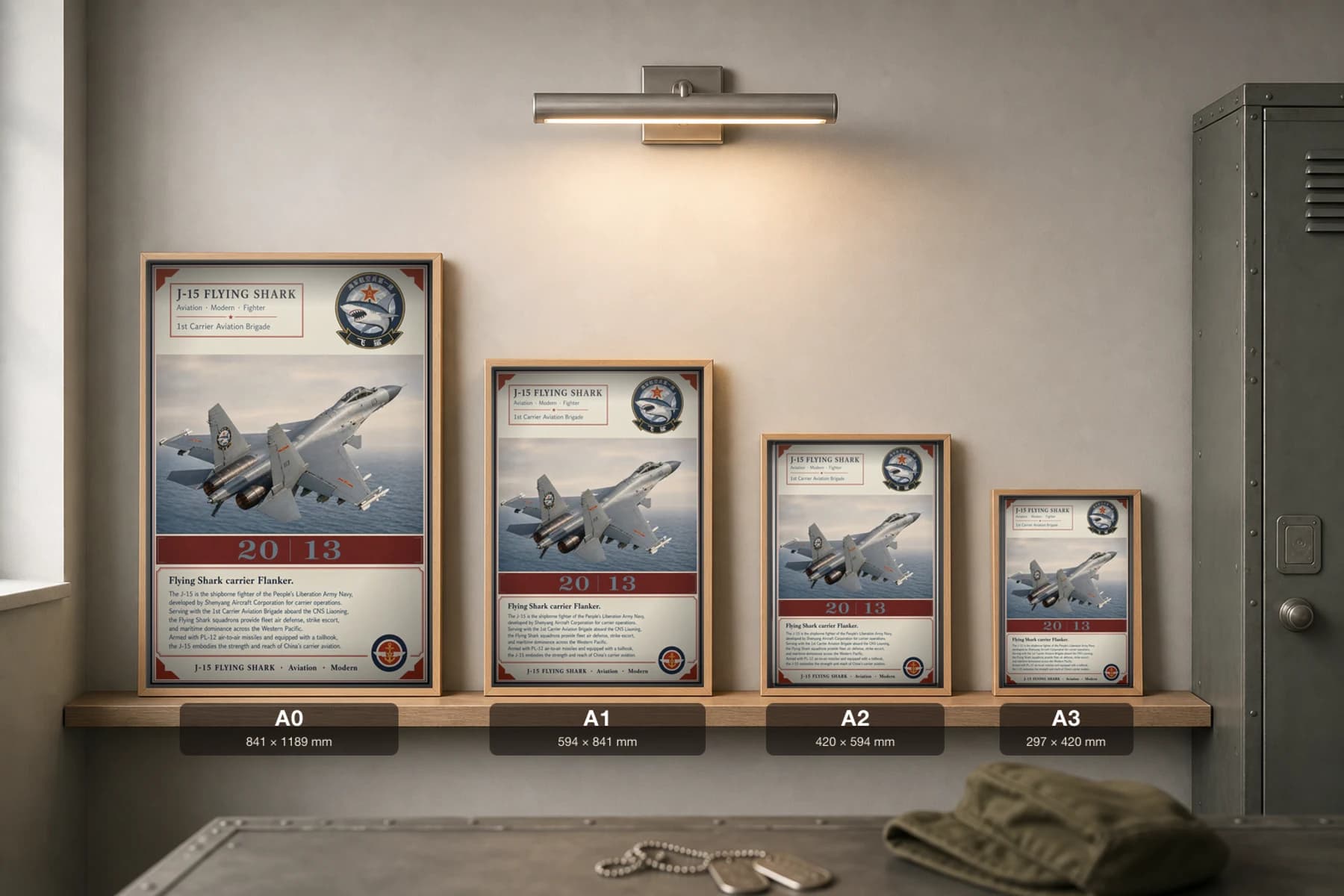J-15 Flying Shark Poster — 1st Carrier Aviation Brigade military aviation wall art · framed A2 · 2013 — print size guide showing the artwork at A0, A1, A2 and A3 in natural-oak frames at true relative scale