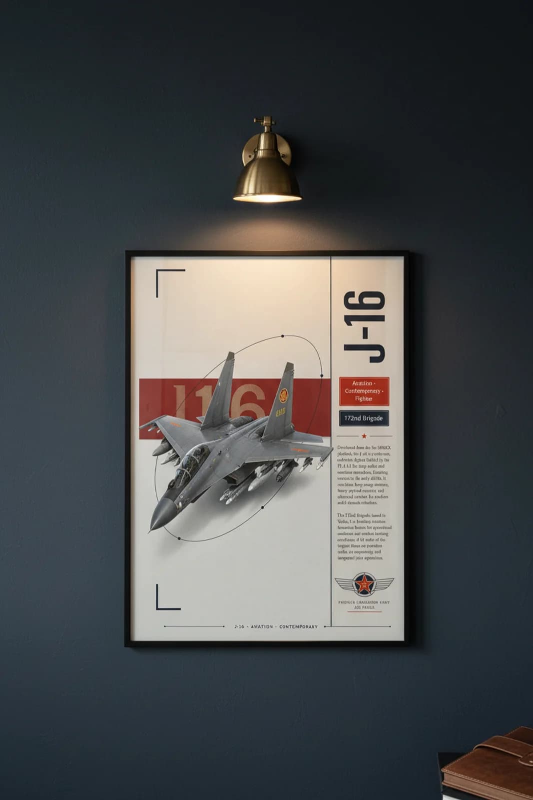J-16 aviation poster in black A2 frame on plaaf-grey navy hangar wall — Aviation Heroes mockup