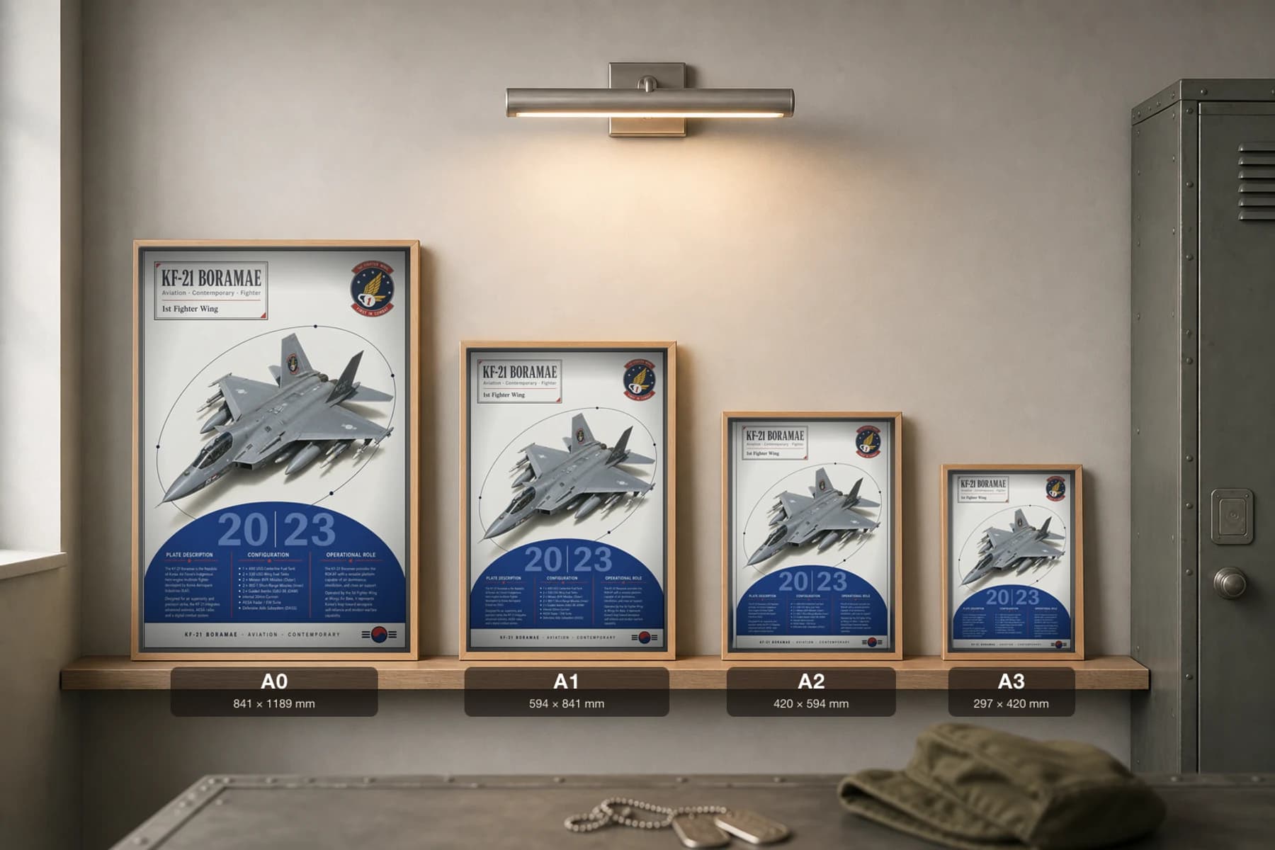 KF-21 Boramae Poster — 1st Fighter Wing military aviation wall art · framed A2 · 2023 — print size guide showing the artwork at A0, A1, A2 and A3 in natural-oak frames at true relative scale