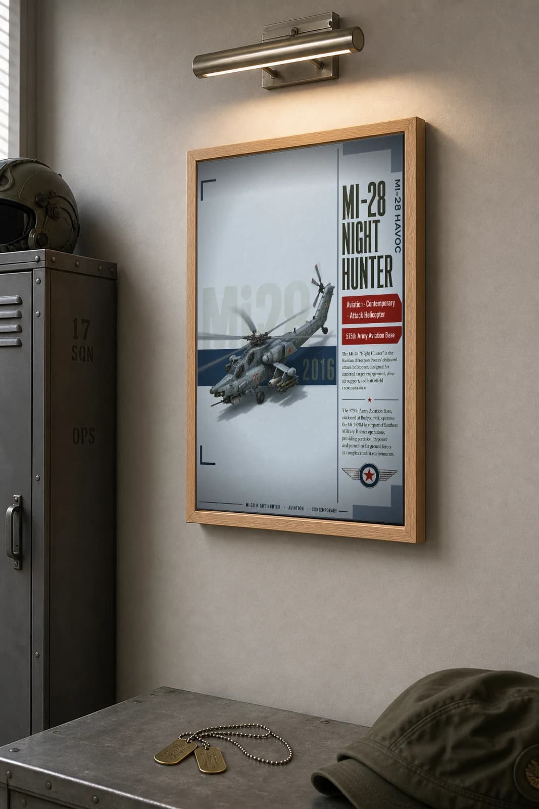 Mi-28NM Night Hunter Poster — 575th Army Aviation Base military aviation wall art · framed A2 · 2016 — the framed print shown at a three-quarter angle on a styled gallery wall in a natural-oak frame