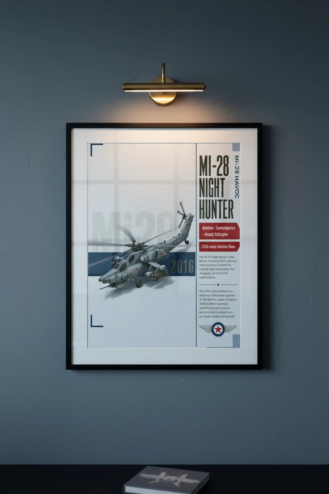 Mi-28NM Night Hunter aviation poster in black A2 frame on light-blue-grey navy hangar wall — Aviation Heroes mockup