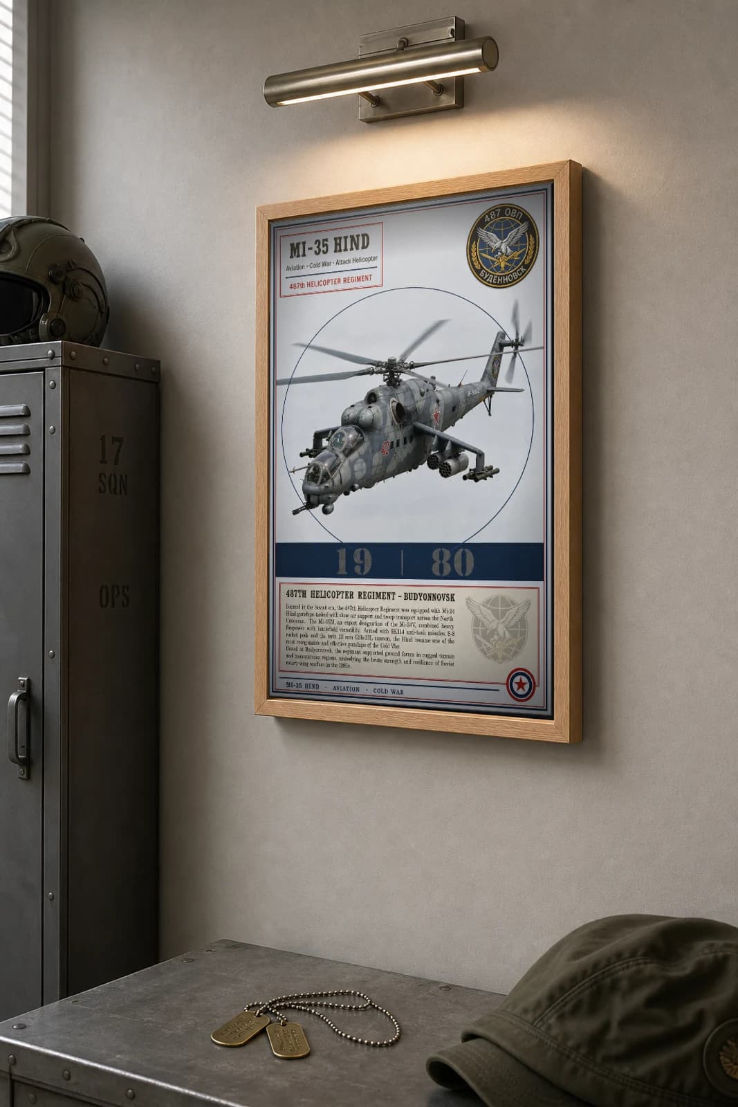 Mi-35 Hind Poster — 487th Helicopter Regiment military aviation wall art · framed A2 · 1980 — the framed print shown at a three-quarter angle on a styled gallery wall in a natural-oak frame