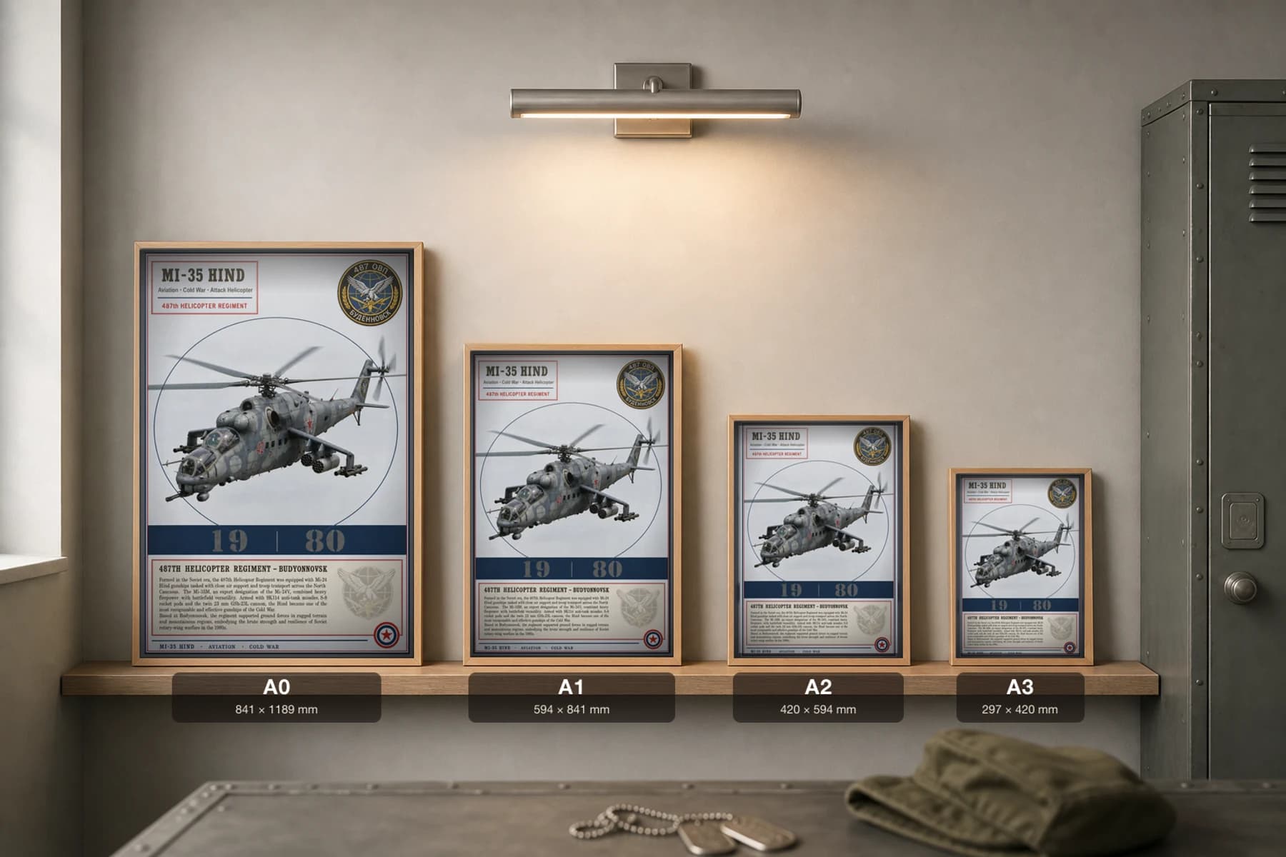 Mi-35 Hind Poster — 487th Helicopter Regiment military aviation wall art · framed A2 · 1980 — print size guide showing the artwork at A0, A1, A2 and A3 in natural-oak frames at true relative scale