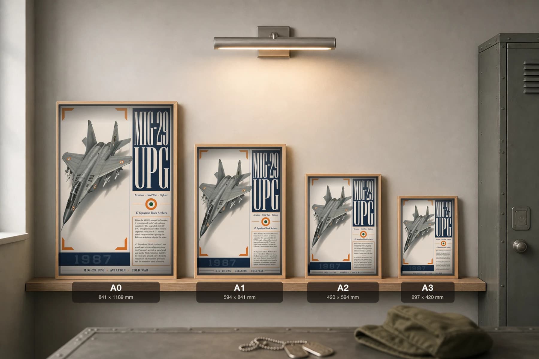 MiG-29 UPG Fulcrum Poster — 47 Squadron Black Archers military aviation wall art · framed A2 · 1987 — print size guide showing the artwork at A0, A1, A2 and A3 in natural-oak frames at true relative scale