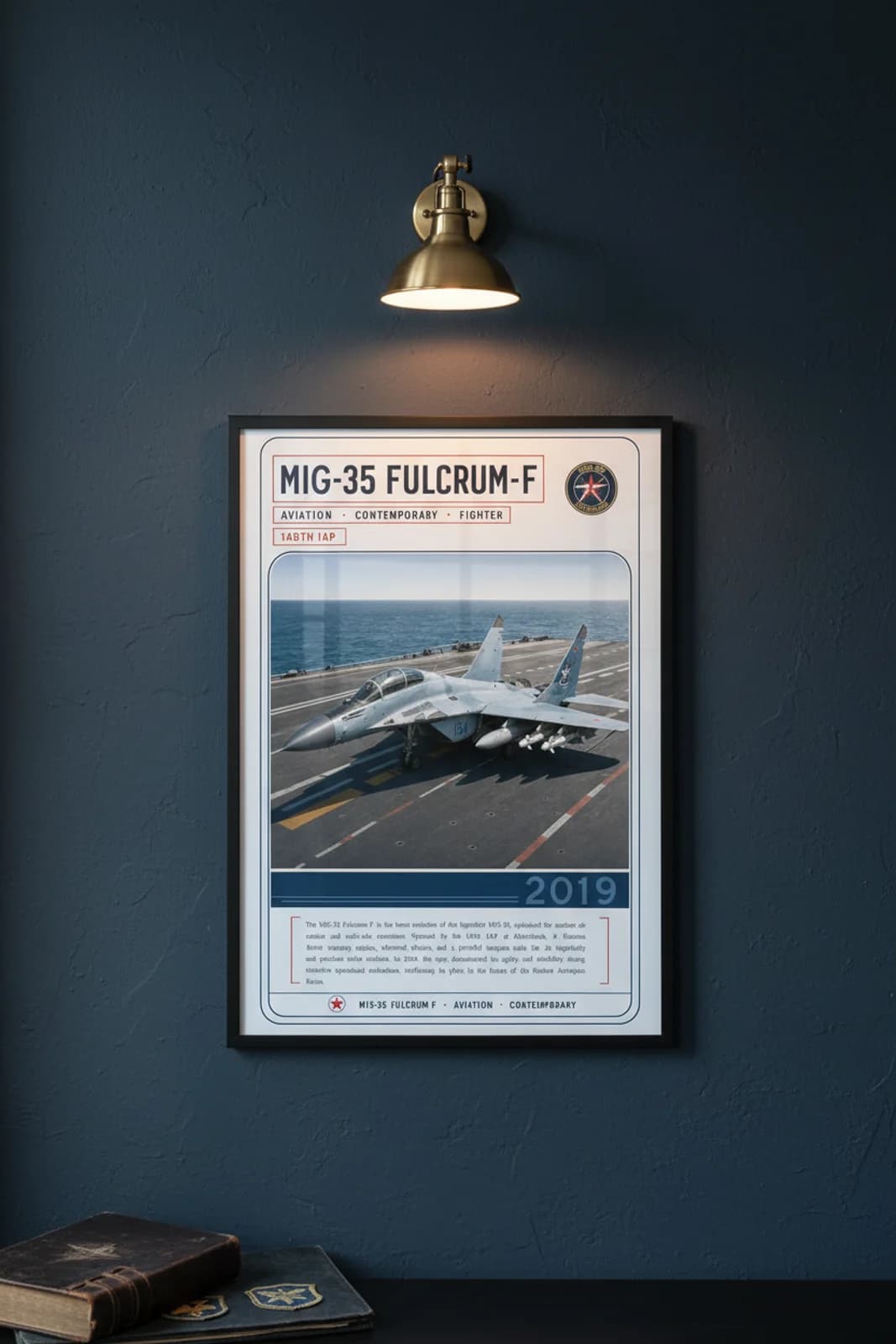MiG-35 Fulcrum-F aviation poster in black A2 frame on russian-grey-blue navy hangar wall — Aviation Heroes mockup