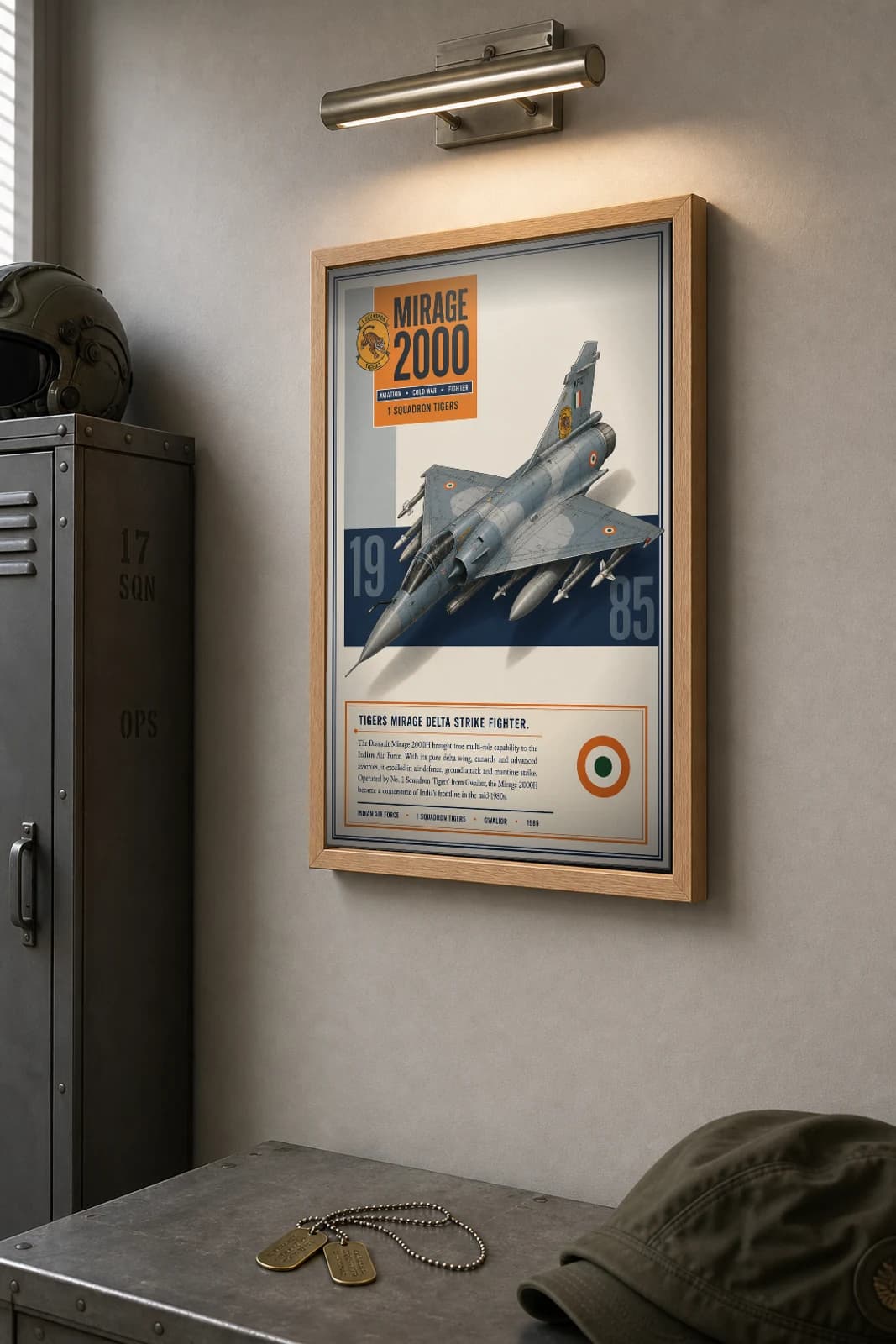 Mirage 2000H Poster — 1 Squadron Tigers military aviation wall art · framed A2 · 1985 — the framed print shown at a three-quarter angle on a styled gallery wall in a natural-oak frame