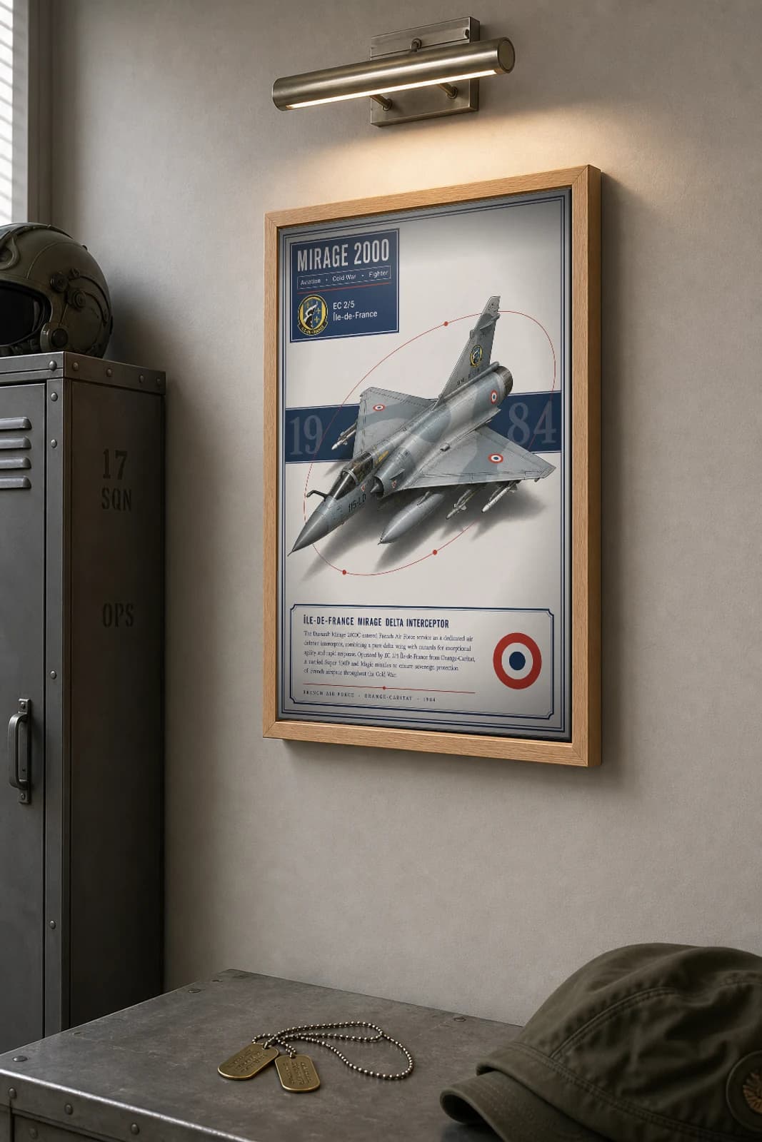 Mirage 2000 Poster — EC 2/5 Île-de-France military aviation wall art · framed A2 · 1984 — the framed print shown at a three-quarter angle on a styled gallery wall in a natural-oak frame