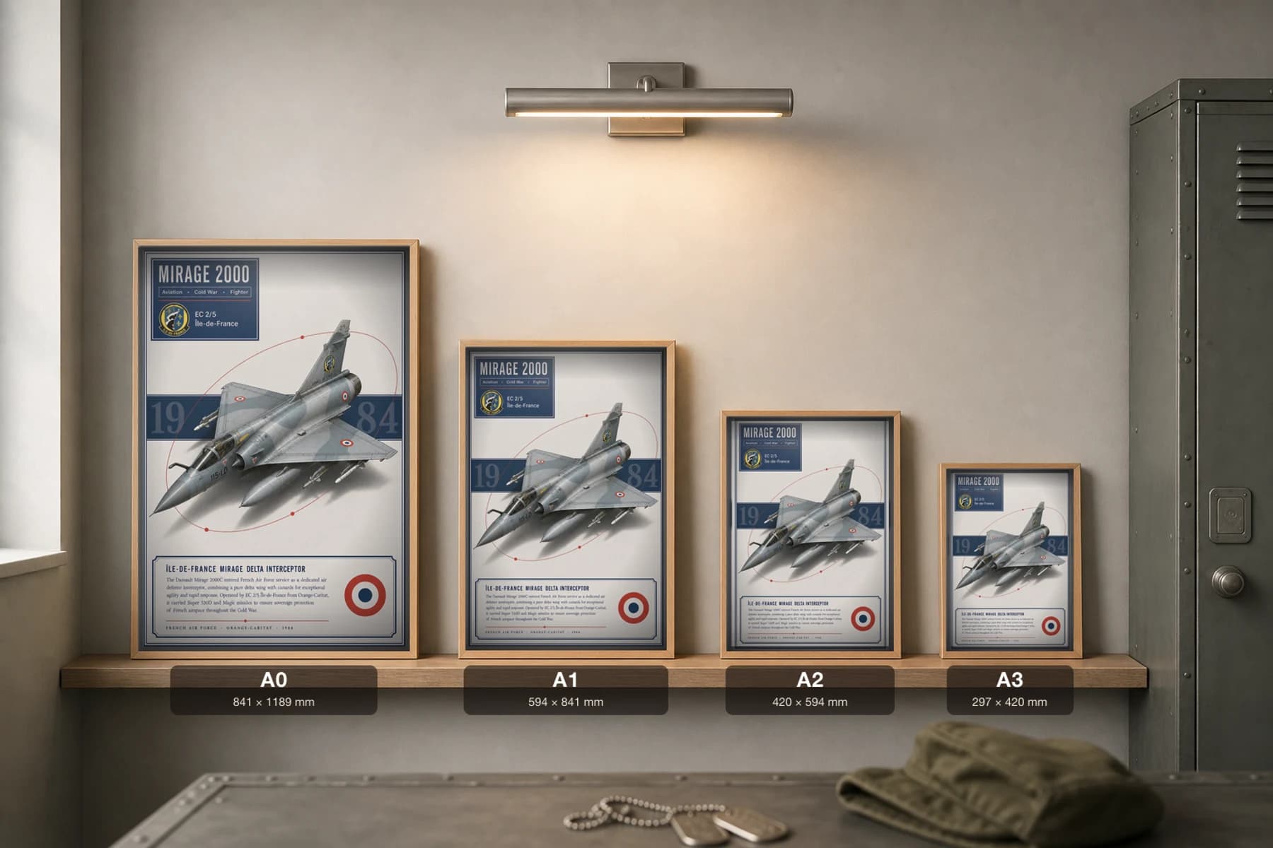 Mirage 2000 Poster — EC 2/5 Île-de-France military aviation wall art · framed A2 · 1984 — print size guide showing the artwork at A0, A1, A2 and A3 in natural-oak frames at true relative scale
