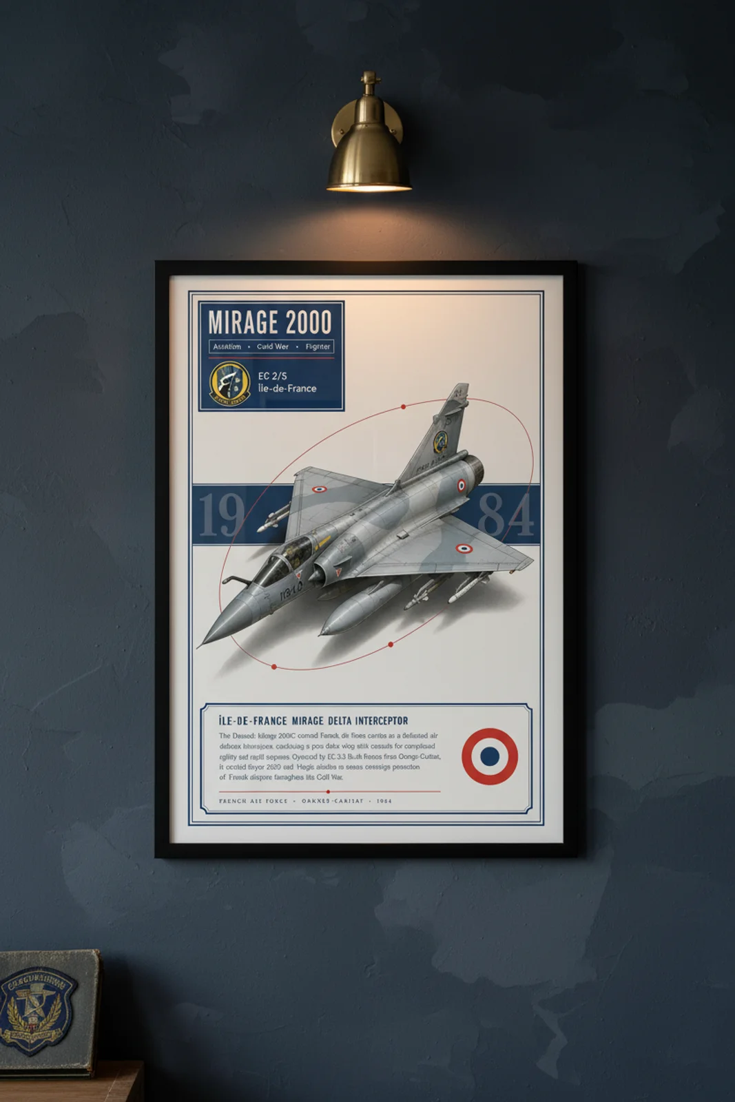 Mirage 2000 aviation poster in black A2 frame on grey-blue-camouflage navy hangar wall — Aviation Heroes mockup