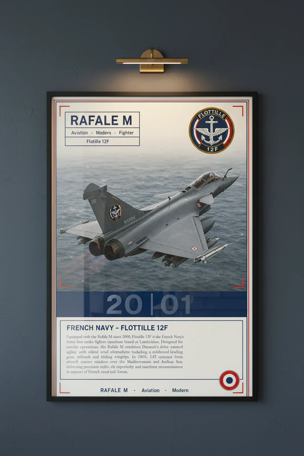 Rafale M aviation poster in black A2 frame on marine-grey navy hangar wall — Aviation Heroes mockup