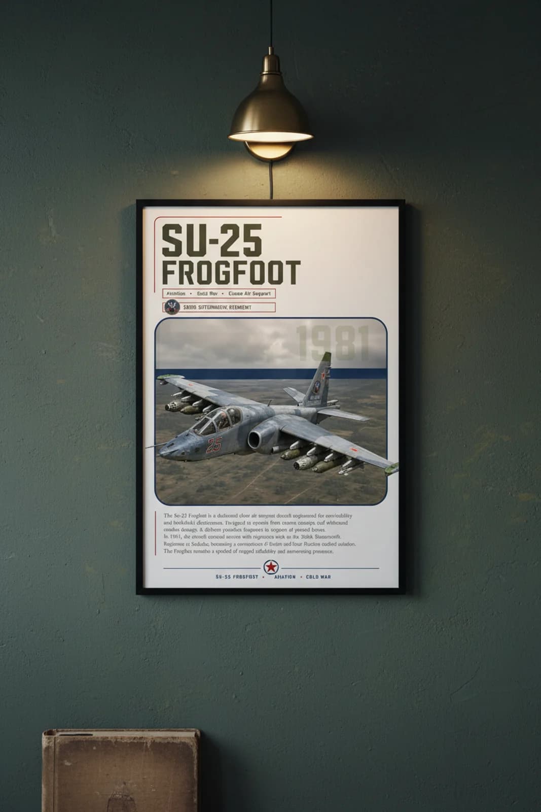 Su-25 Frogfoot aviation poster in black A2 frame on olive-green navy hangar wall — Aviation Heroes mockup