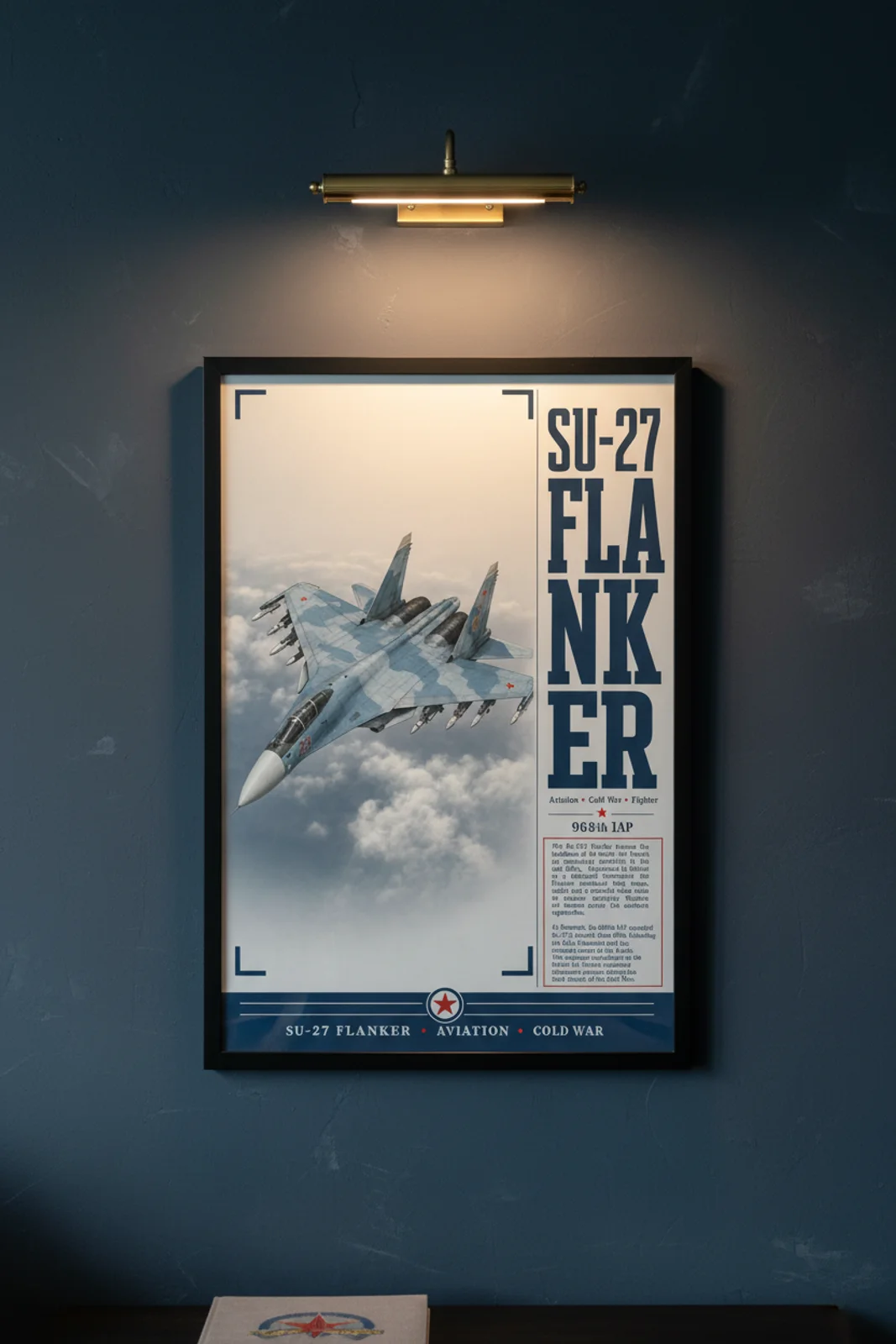 Su-27 Flanker aviation poster in black A2 frame on splinter-blue-grey navy hangar wall — Aviation Heroes mockup
