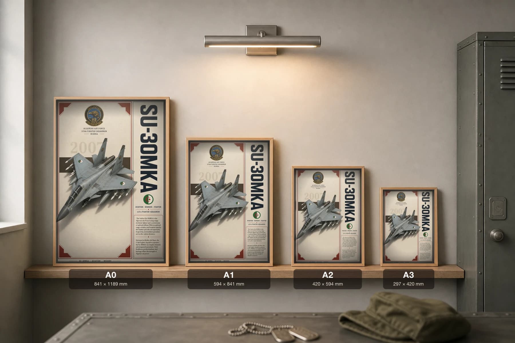 Su-30MKA Poster — 113th Fighter Squadron military aviation wall art · framed A2 · 2007 — print size guide showing the artwork at A0, A1, A2 and A3 in natural-oak frames at true relative scale