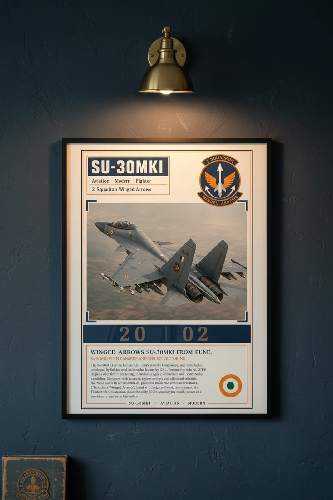 Su-30MKI aviation poster in black A2 frame on iaf-grey navy hangar wall — Aviation Heroes mockup