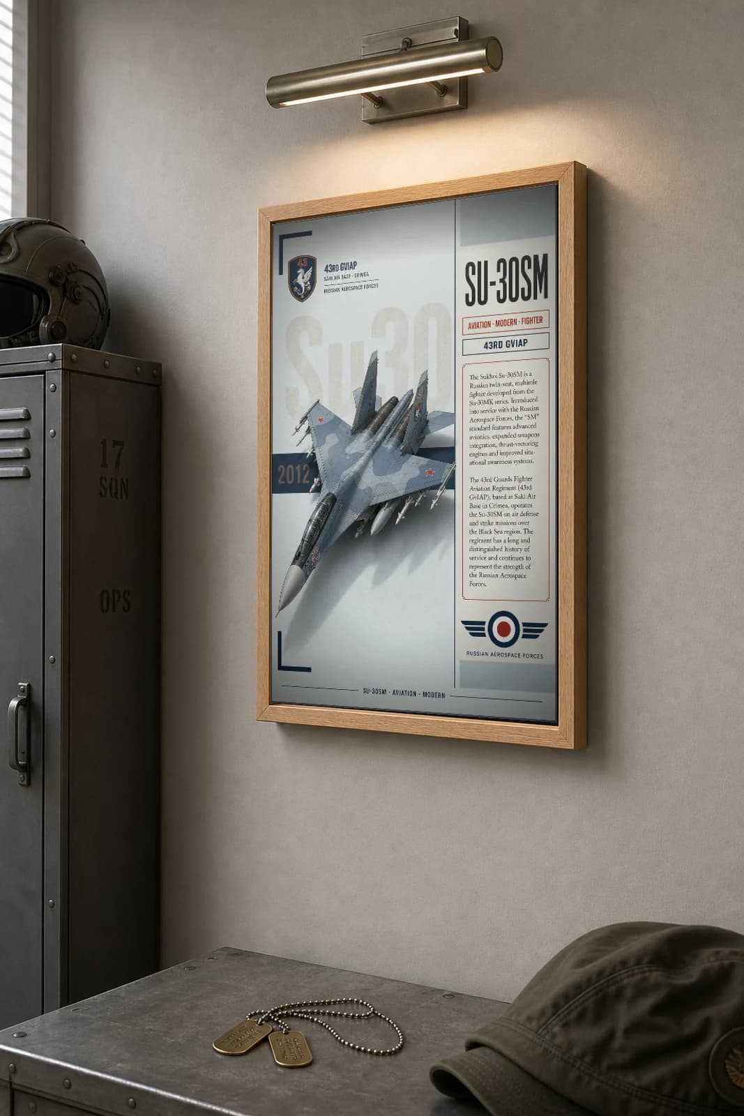 SU-30SM Poster — 43rd GvIAP military aviation wall art · framed A2 · 2012 — the framed print shown at a three-quarter angle on a styled gallery wall in a natural-oak frame