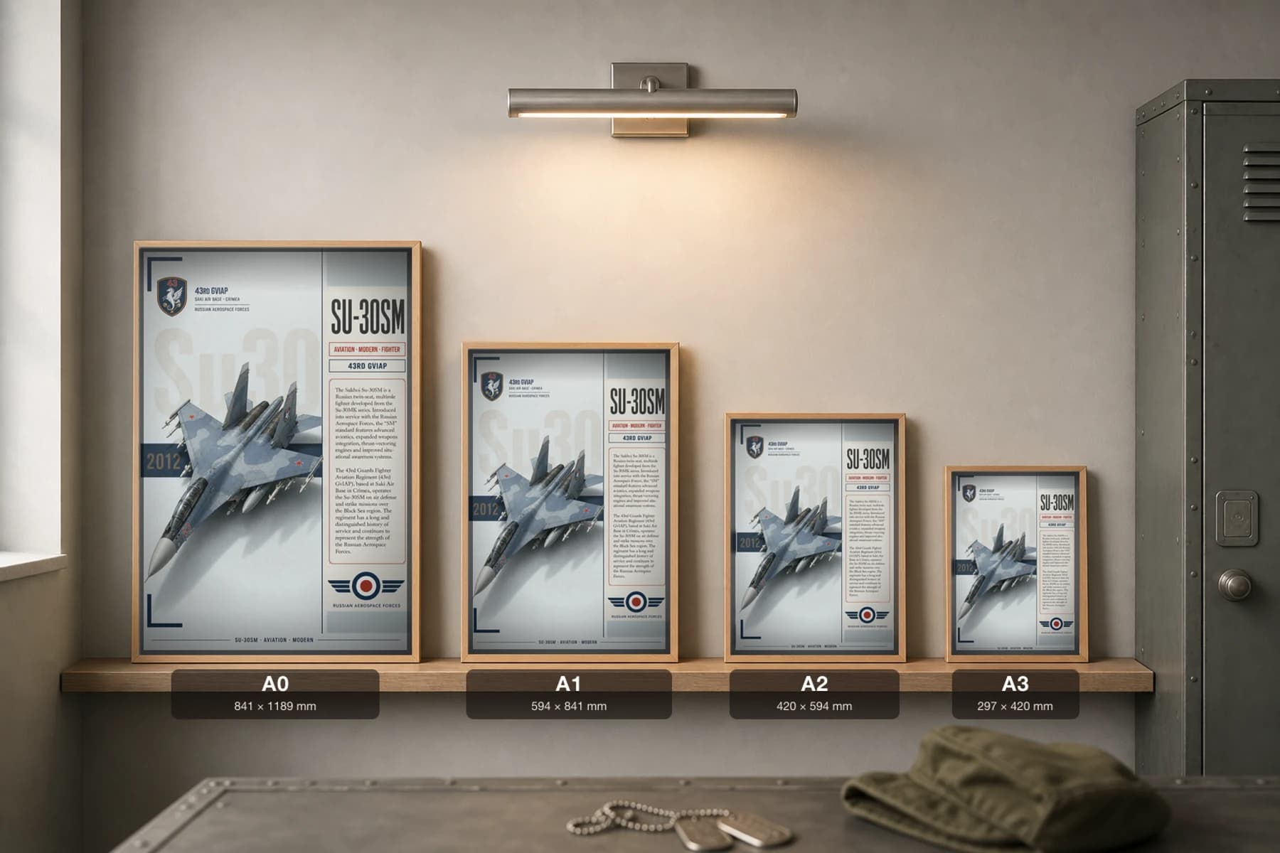 SU-30SM Poster — 43rd GvIAP military aviation wall art · framed A2 · 2012 — print size guide showing the artwork at A0, A1, A2 and A3 in natural-oak frames at true relative scale
