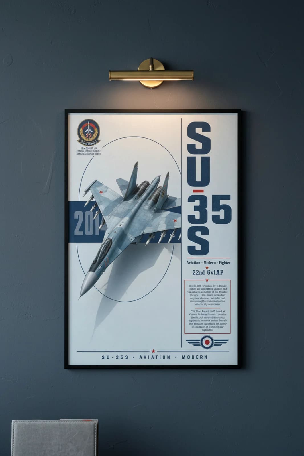 Su-35S Flanker-E aviation poster in black A2 frame on pale-blue-grey navy hangar wall — Aviation Heroes mockup