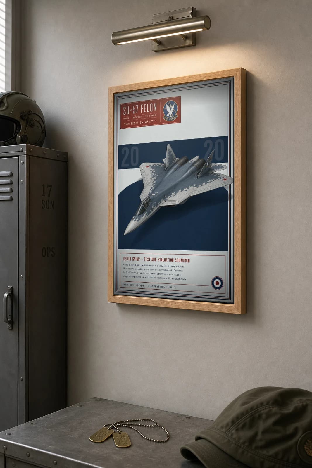 Su-57 Felon Poster — 929th GvIAP military aviation wall art · framed A2 · 2020 — the framed print shown at a three-quarter angle on a styled gallery wall in a natural-oak frame