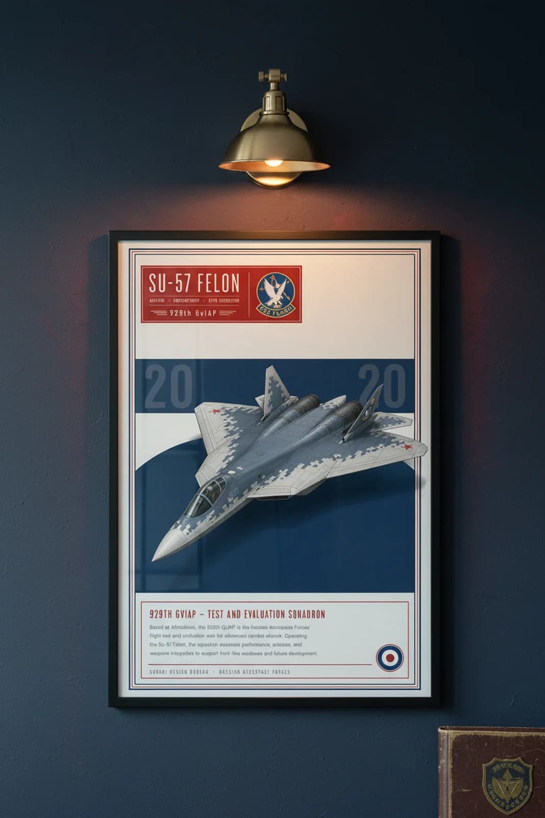 Su-57 Felon aviation poster in black A2 frame on crimson-red navy hangar wall — Aviation Heroes mockup