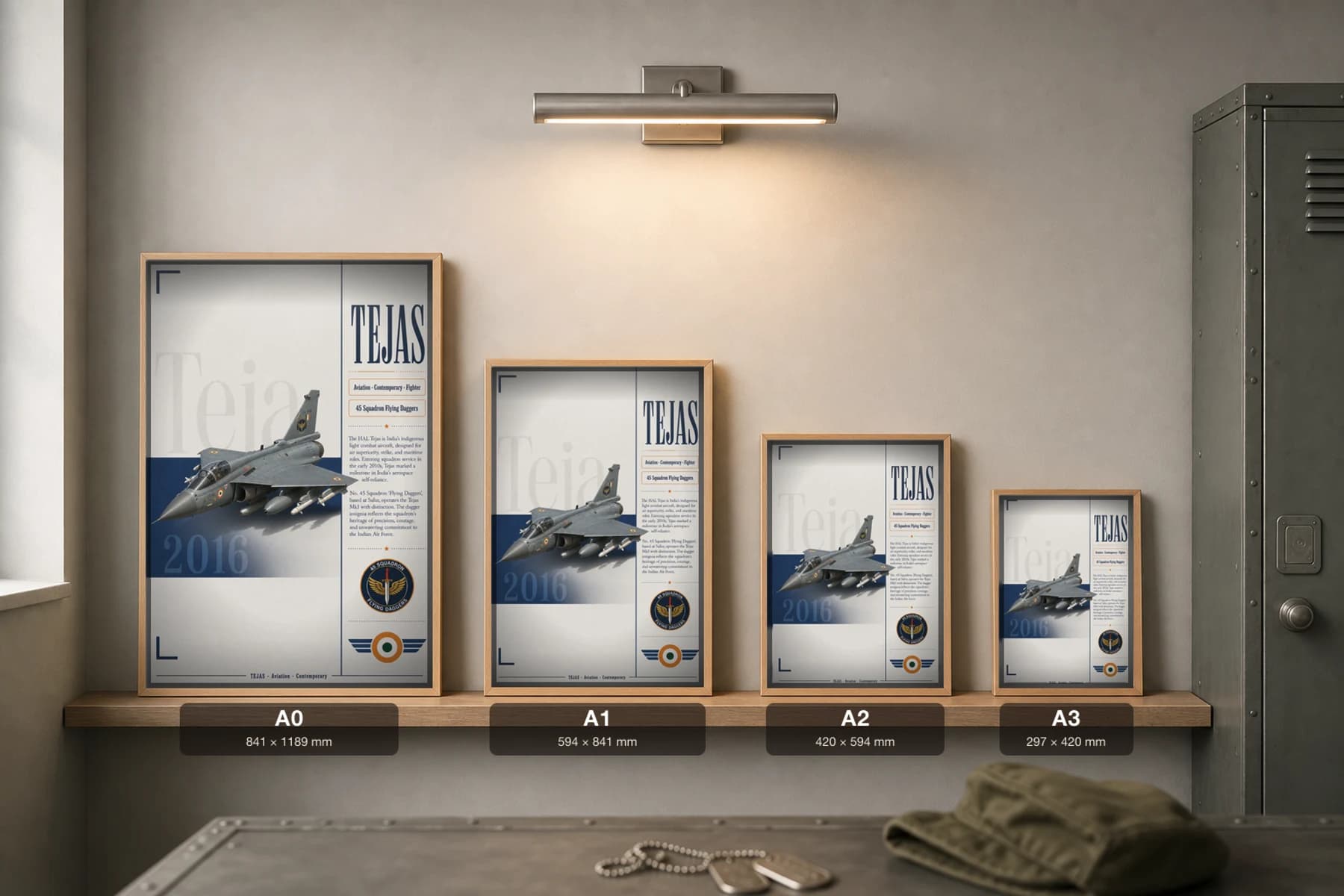 Tejas Mk1 Poster — 45 Squadron Flying Daggers military aviation wall art · framed A2 · 2016 — print size guide showing the artwork at A0, A1, A2 and A3 in natural-oak frames at true relative scale