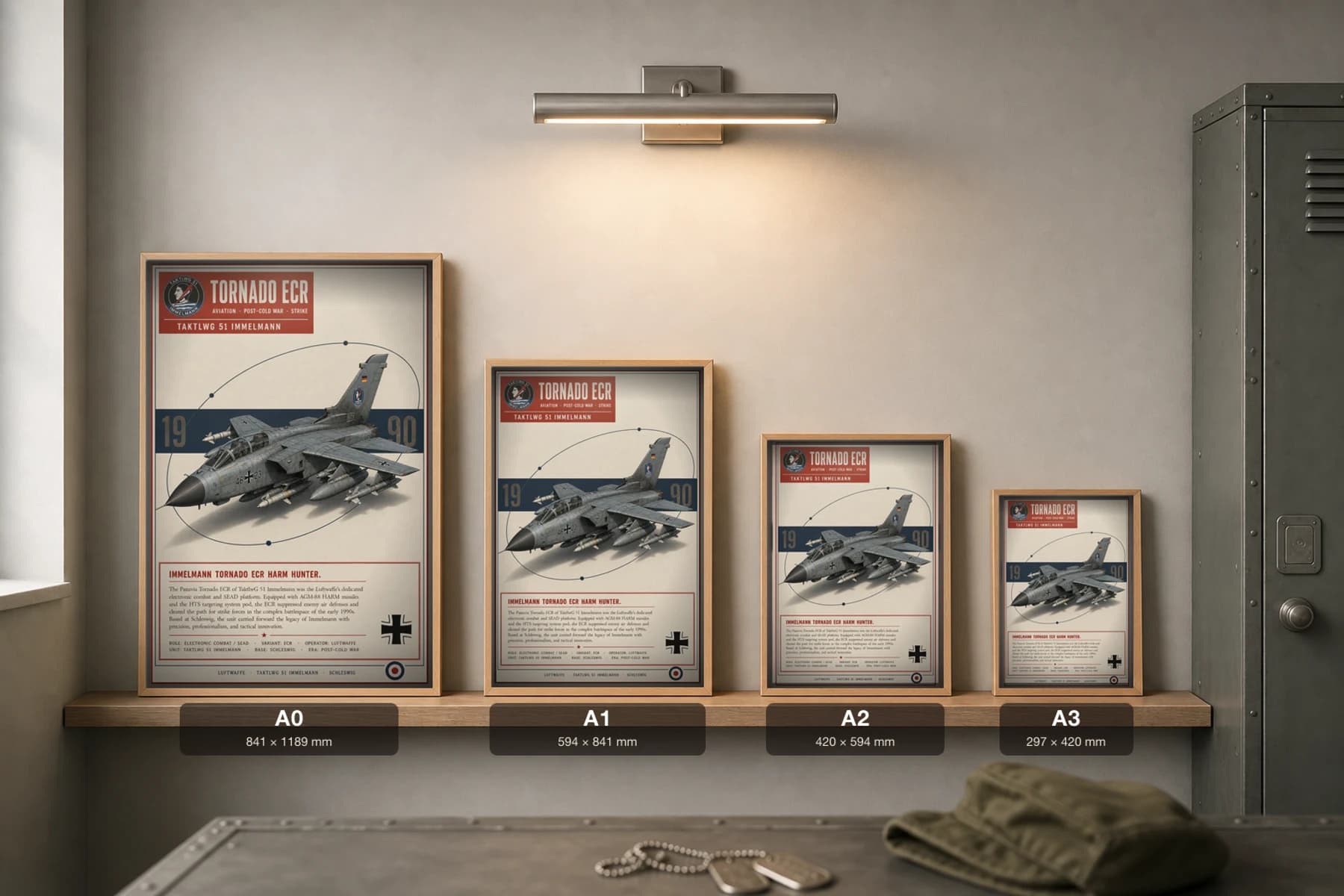 Tornado ECR Poster — TaktLwG 51 Immelmann military aviation wall art · framed A2 · 1990 — print size guide showing the artwork at A0, A1, A2 and A3 in natural-oak frames at true relative scale