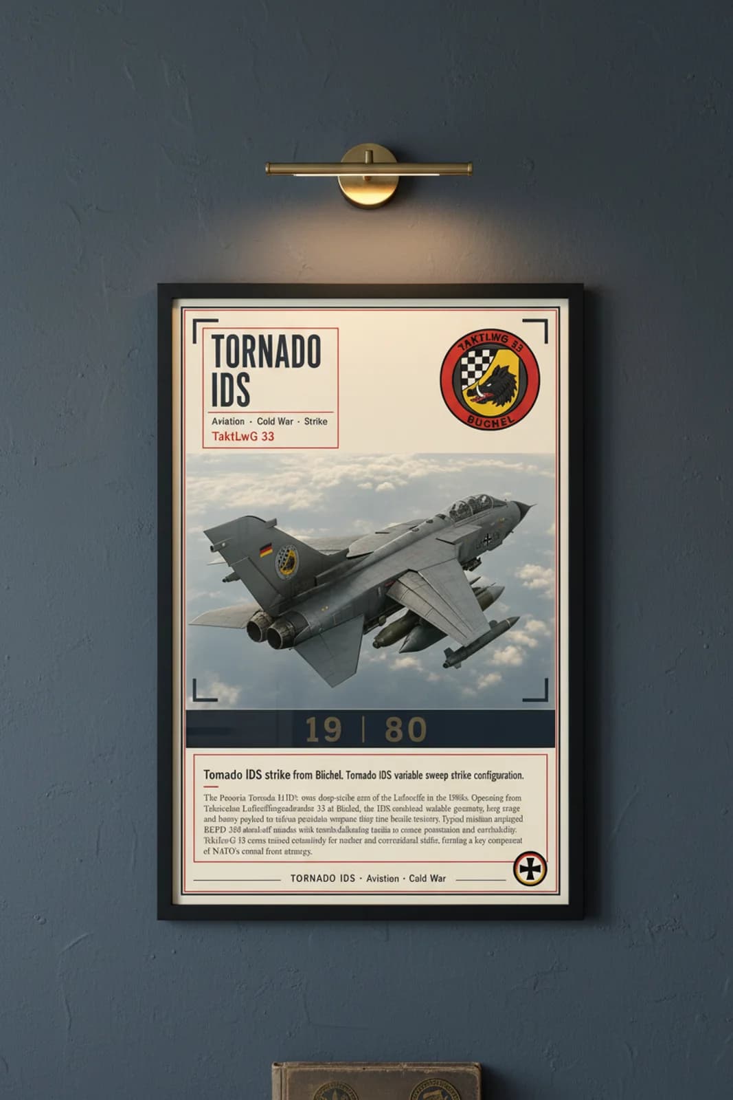 Tornado IDS aviation poster in black A2 frame on tactical-grey navy hangar wall — Aviation Heroes mockup