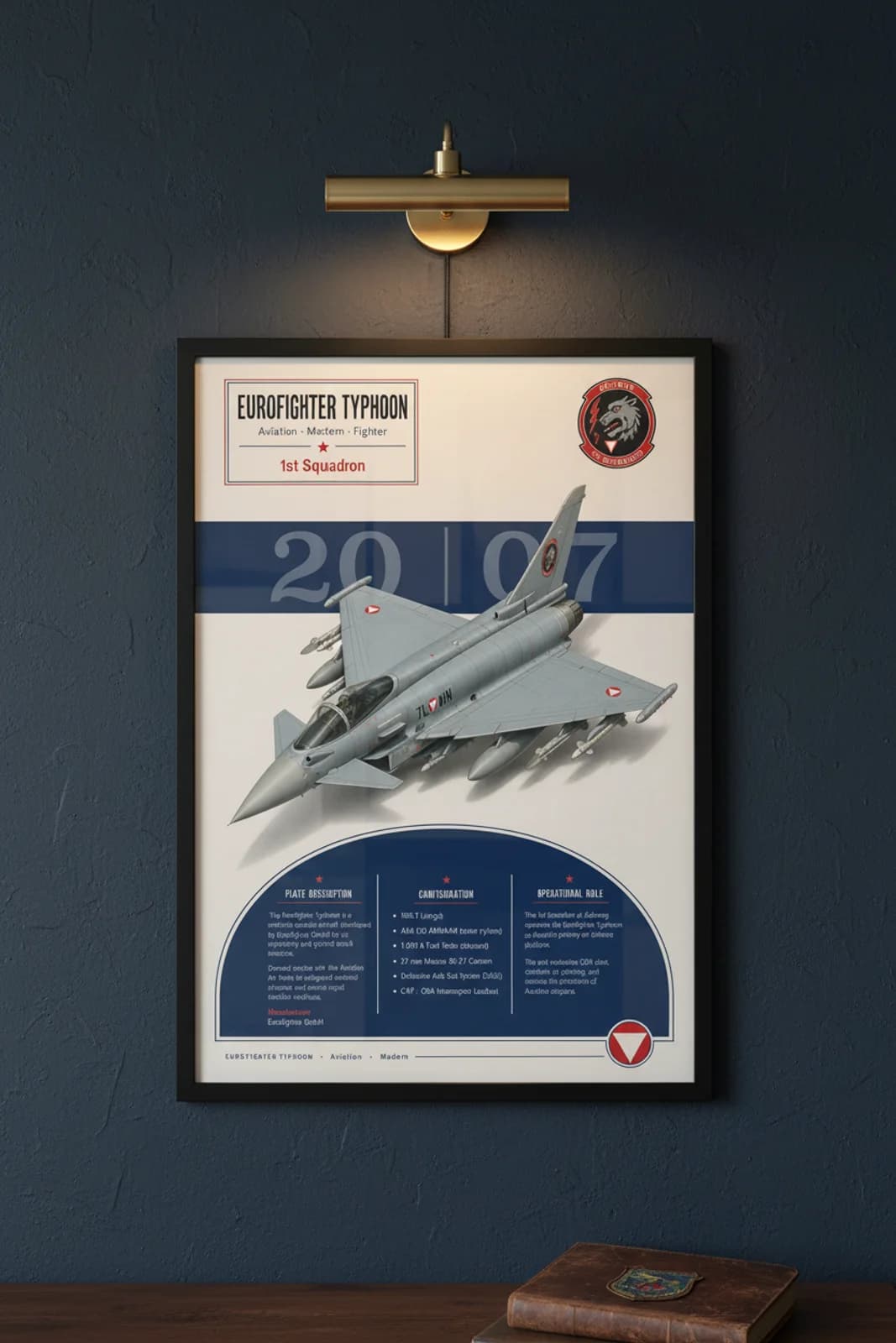 Eurofighter Typhoon aviation poster in black A2 frame on austrian-grey navy hangar wall — Aviation Heroes mockup