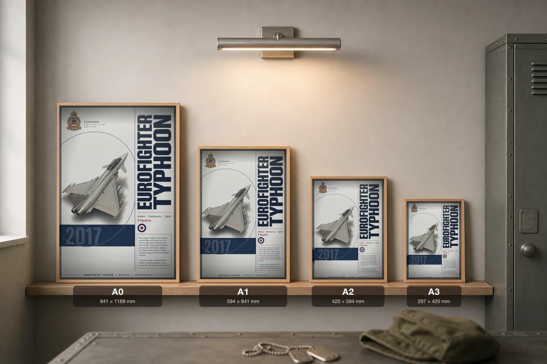 Eurofighter Typhoon Poster — 8 Squadron military aviation wall art · framed A2 · 2017 — print size guide showing the artwork at A0, A1, A2 and A3 in natural-oak frames at true relative scale