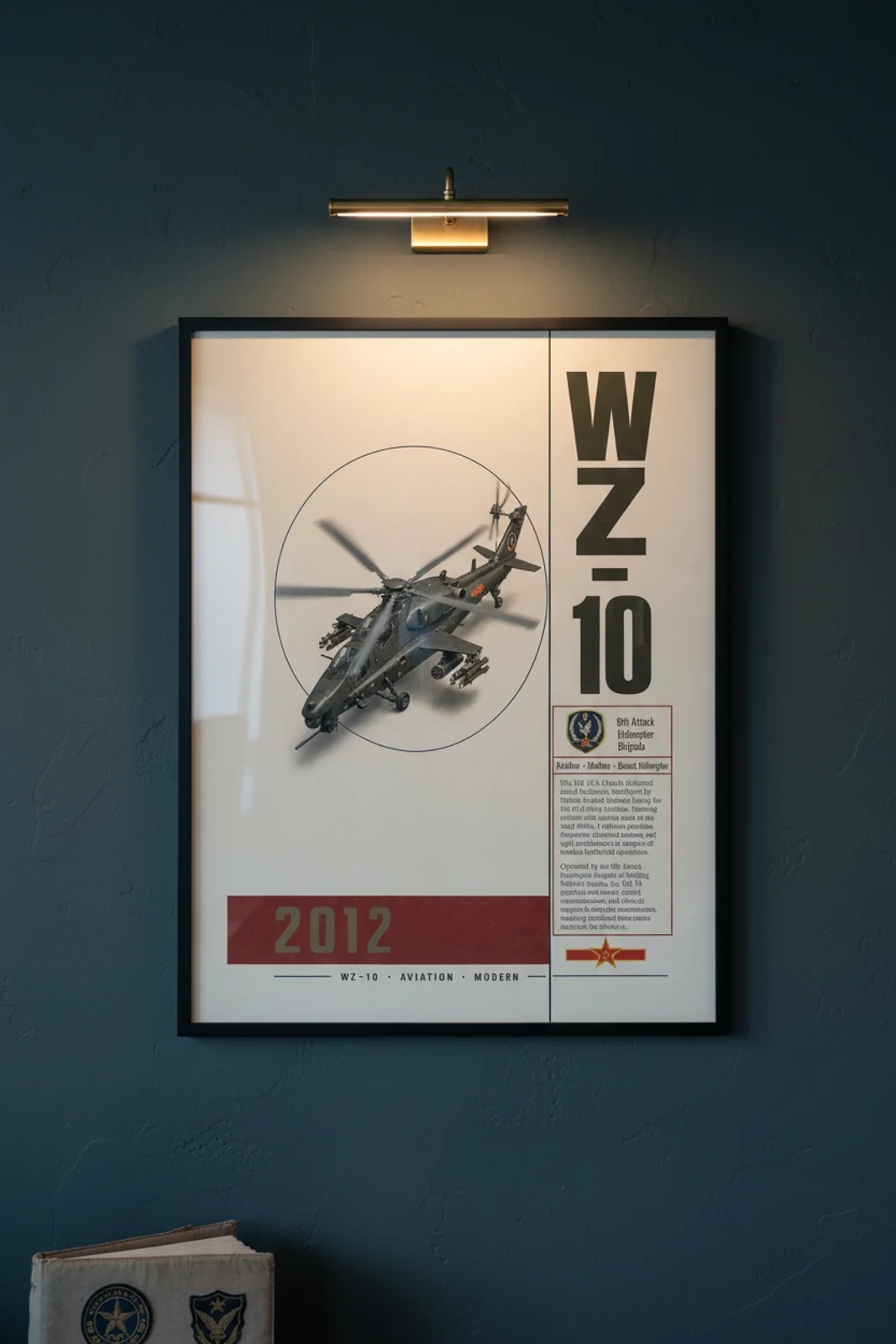 WZ-10 aviation poster in black A2 frame on olive-green navy hangar wall — Aviation Heroes mockup