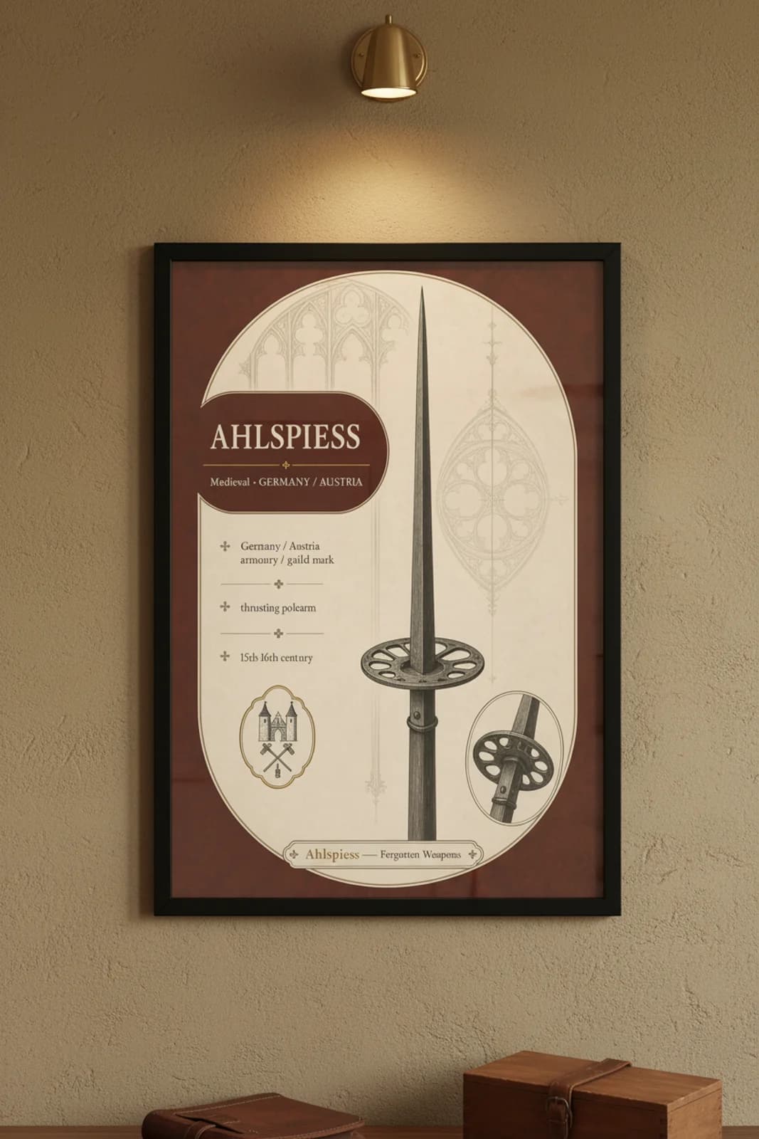 Ahlspiess — Forgotten Weapons poster in black A2 frame on ahlspiess-armoury-wash armoury plaster wall — Forgotten Weapons study mockup