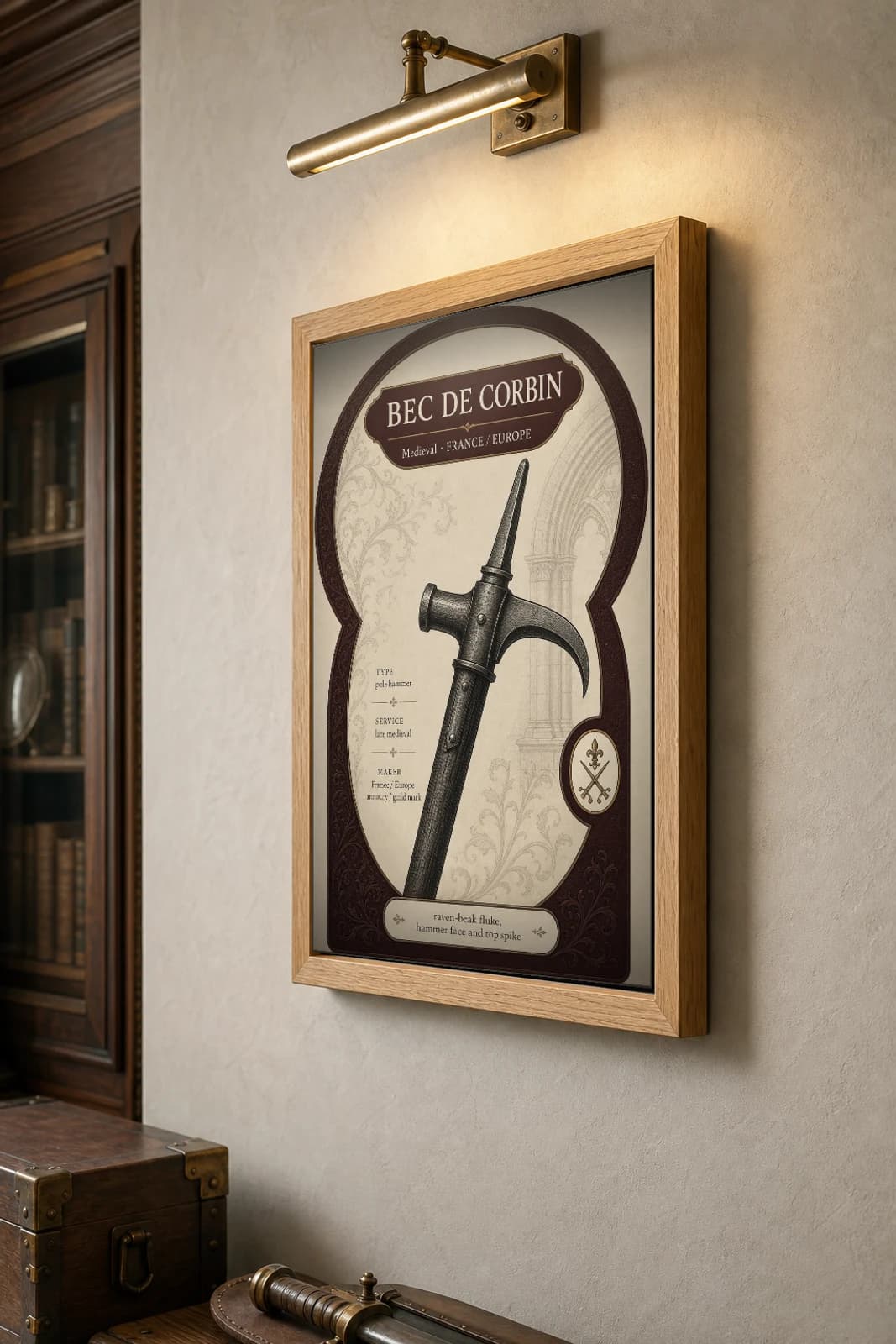 Bec de Corbin Poster — Medieval Armoury Specimen Print · framed A2 — the framed print shown at a three-quarter angle on a styled gallery wall in a natural-oak frame