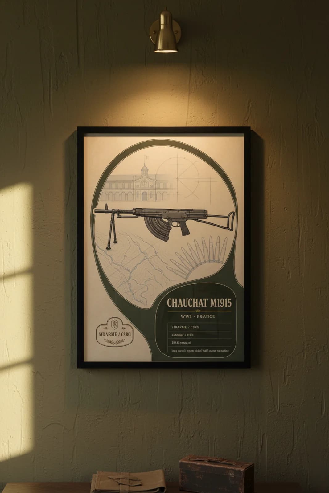 Chauchat M1915 — Forgotten Weapons poster in black A2 frame on chauchat-m1915-armoury-wash armoury plaster wall — Forgotten Weapons study mockup