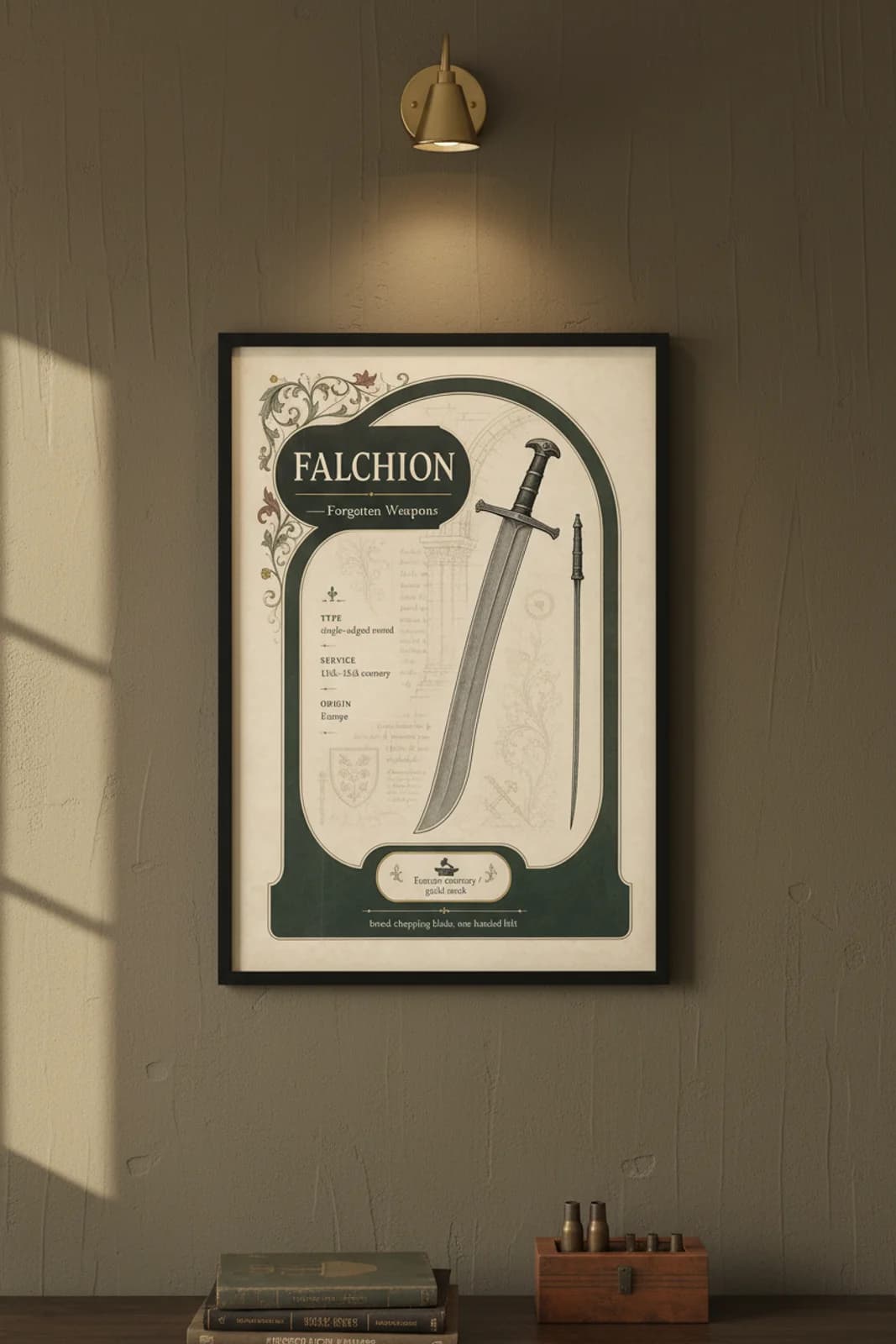 Falchion — Forgotten Weapons poster in black A2 frame on falchion-armoury-wash armoury plaster wall — Forgotten Weapons study mockup