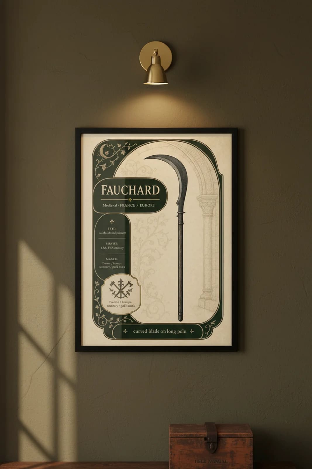 Fauchard — Forgotten Weapons poster in black A2 frame on fauchard-armoury-wash armoury plaster wall — Forgotten Weapons study mockup