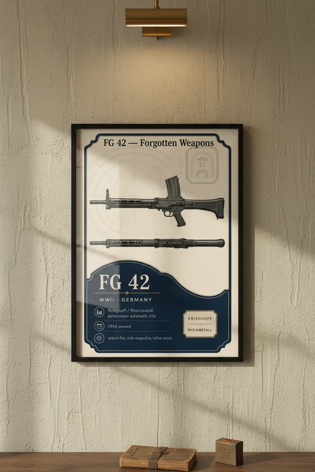 FG 42 — Forgotten Weapons poster in black A2 frame on fg-42-armoury-wash armoury plaster wall — Forgotten Weapons study mockup