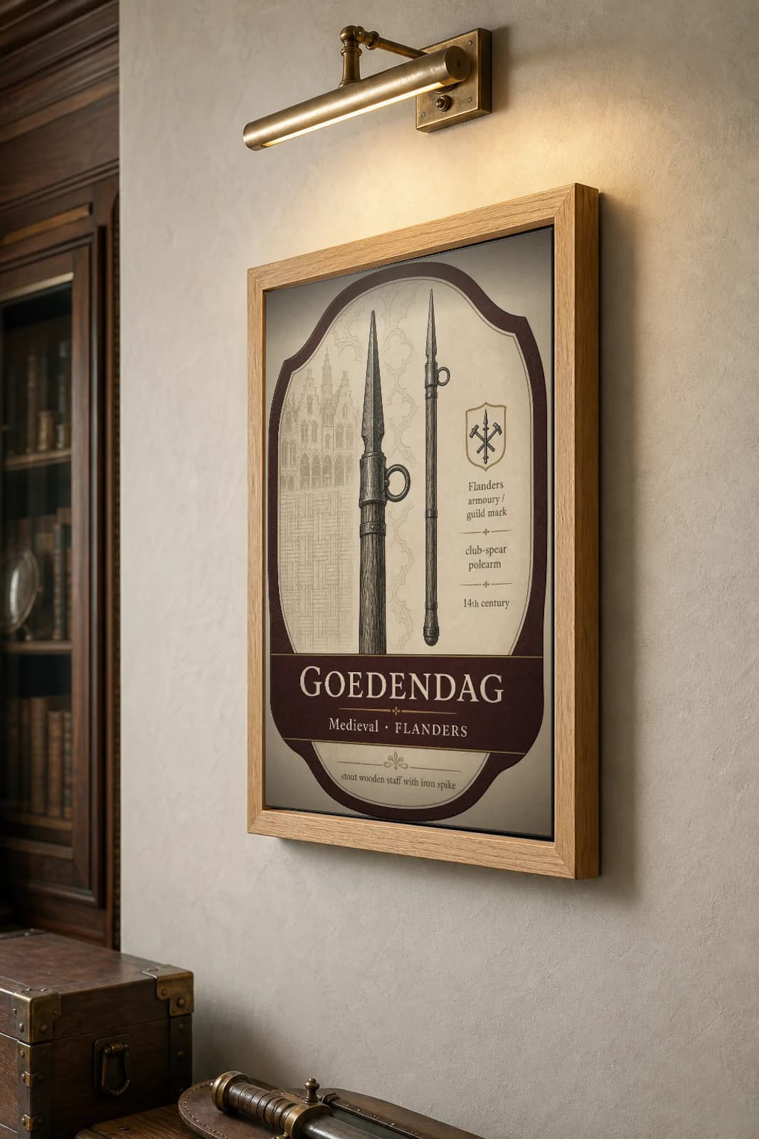 Goedendag Poster — Medieval Armoury Specimen Print · framed A2 — the framed print shown at a three-quarter angle on a styled gallery wall in a natural-oak frame