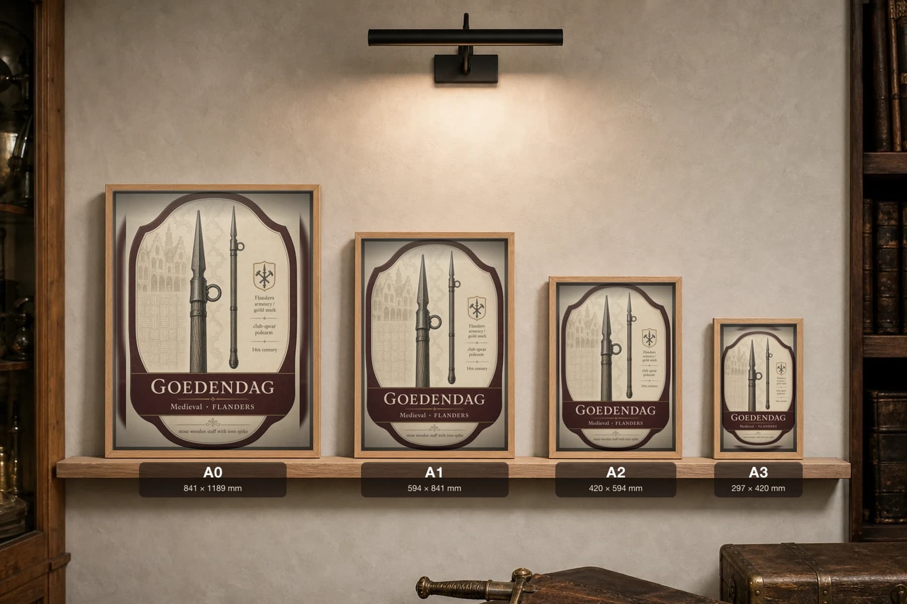 Goedendag Poster — Medieval Armoury Specimen Print · framed A2 — print size guide showing the artwork at A0, A1, A2 and A3 in natural-oak frames at true relative scale