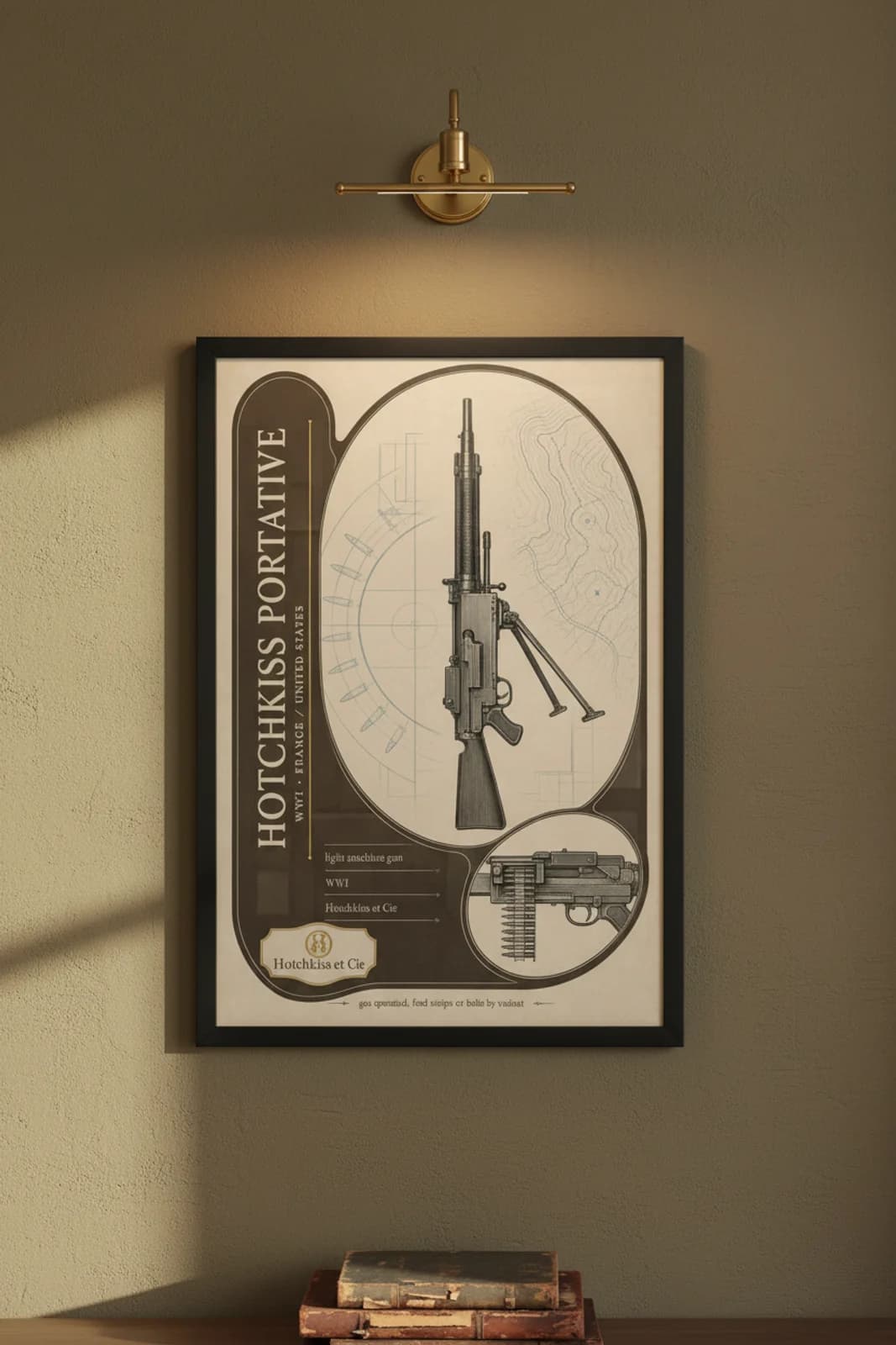 Hotchkiss Portative — Forgotten Weapons poster in black A2 frame on hotchkiss-portative-armoury-wash armoury plaster wall — Forgotten Weapons study mockup