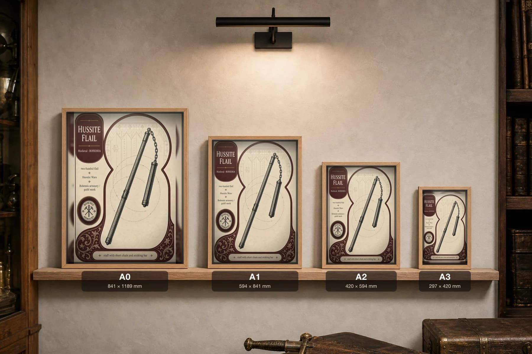 Hussite Flail Poster — Medieval Armoury Specimen Print · framed A2 — print size guide showing the artwork at A0, A1, A2 and A3 in natural-oak frames at true relative scale