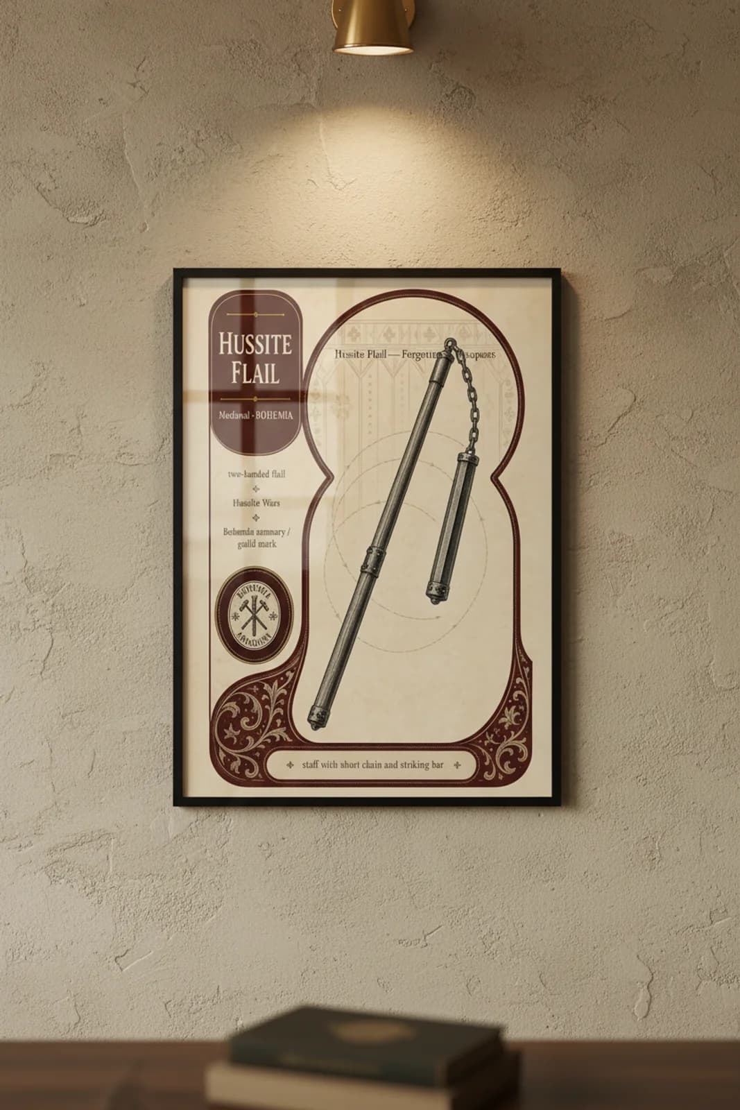 Hussite Flail — Forgotten Weapons poster in black A2 frame on hussite-flail-armoury-wash armoury plaster wall — Forgotten Weapons study mockup