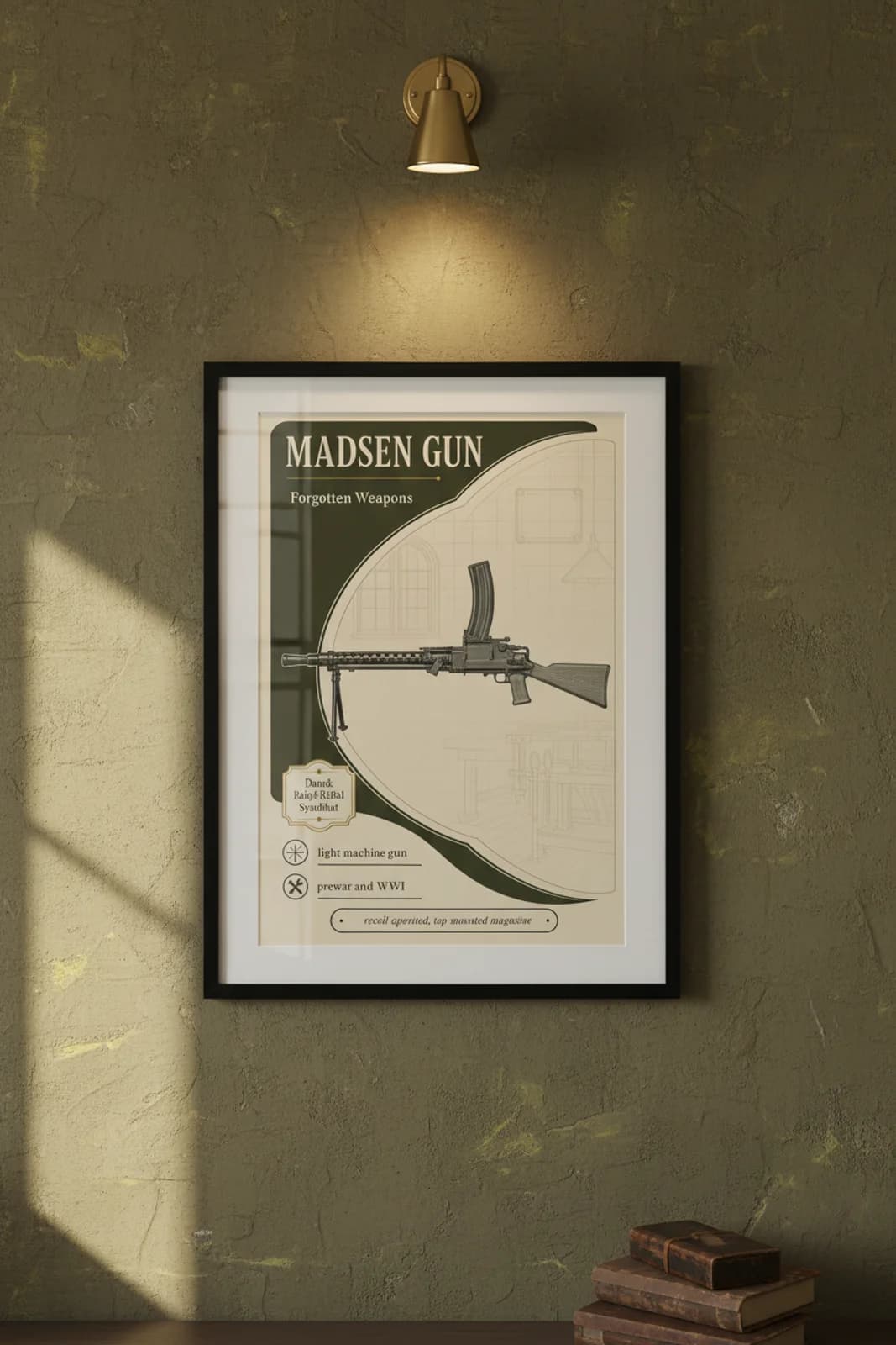 Madsen Gun — Forgotten Weapons poster in black A2 frame on madsen-gun-armoury-wash armoury plaster wall — Forgotten Weapons study mockup