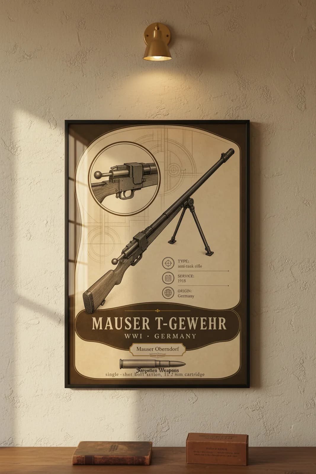 Mauser T-Gewehr — Forgotten Weapons poster in black A2 frame on mauser-t-gewehr-armoury-wash armoury plaster wall — Forgotten Weapons study mockup