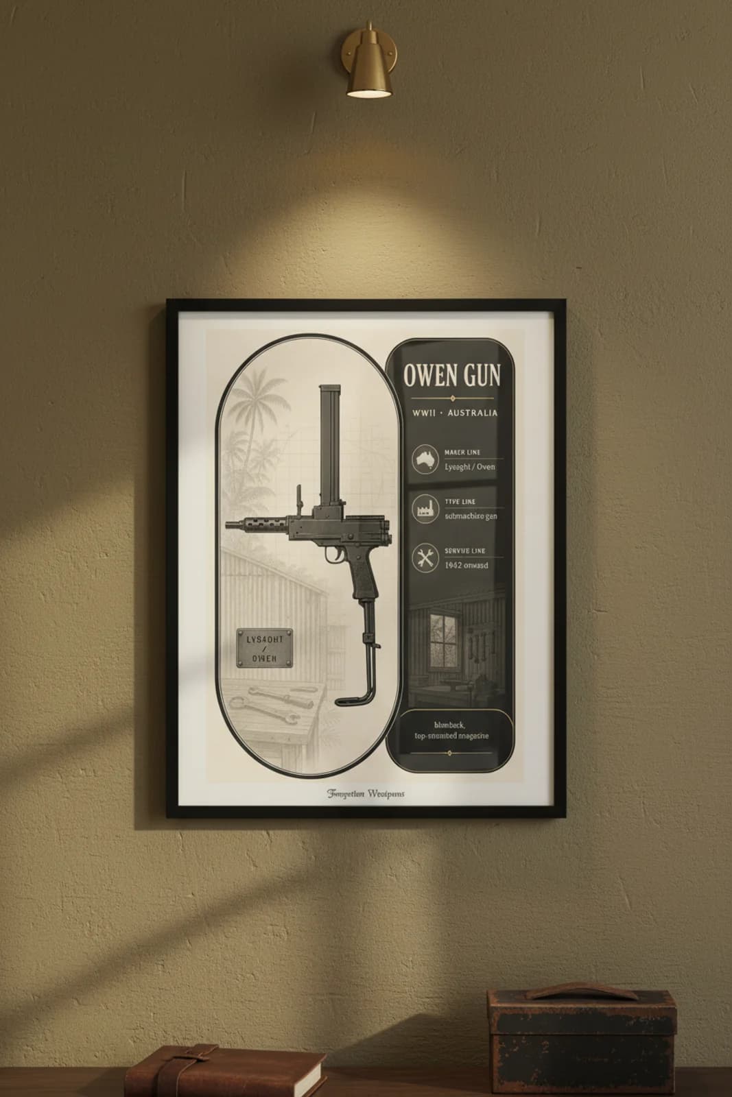 Owen Gun — Forgotten Weapons poster in black A2 frame on owen-gun-armoury-wash armoury plaster wall — Forgotten Weapons study mockup