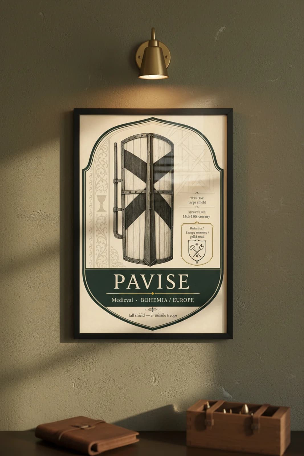 Pavise — Forgotten Weapons poster in black A2 frame on pavise-armoury-wash armoury plaster wall — Forgotten Weapons study mockup