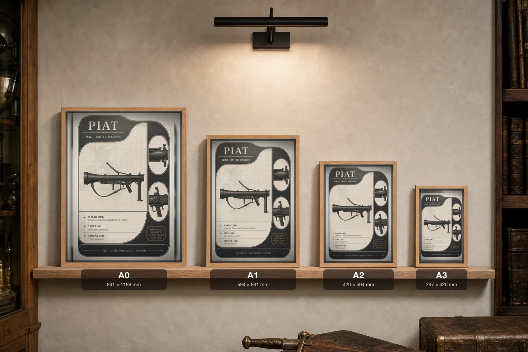 PIAT Poster — WWII Armoury Specimen Print · framed A2 — print size guide showing the artwork at A0, A1, A2 and A3 in natural-oak frames at true relative scale