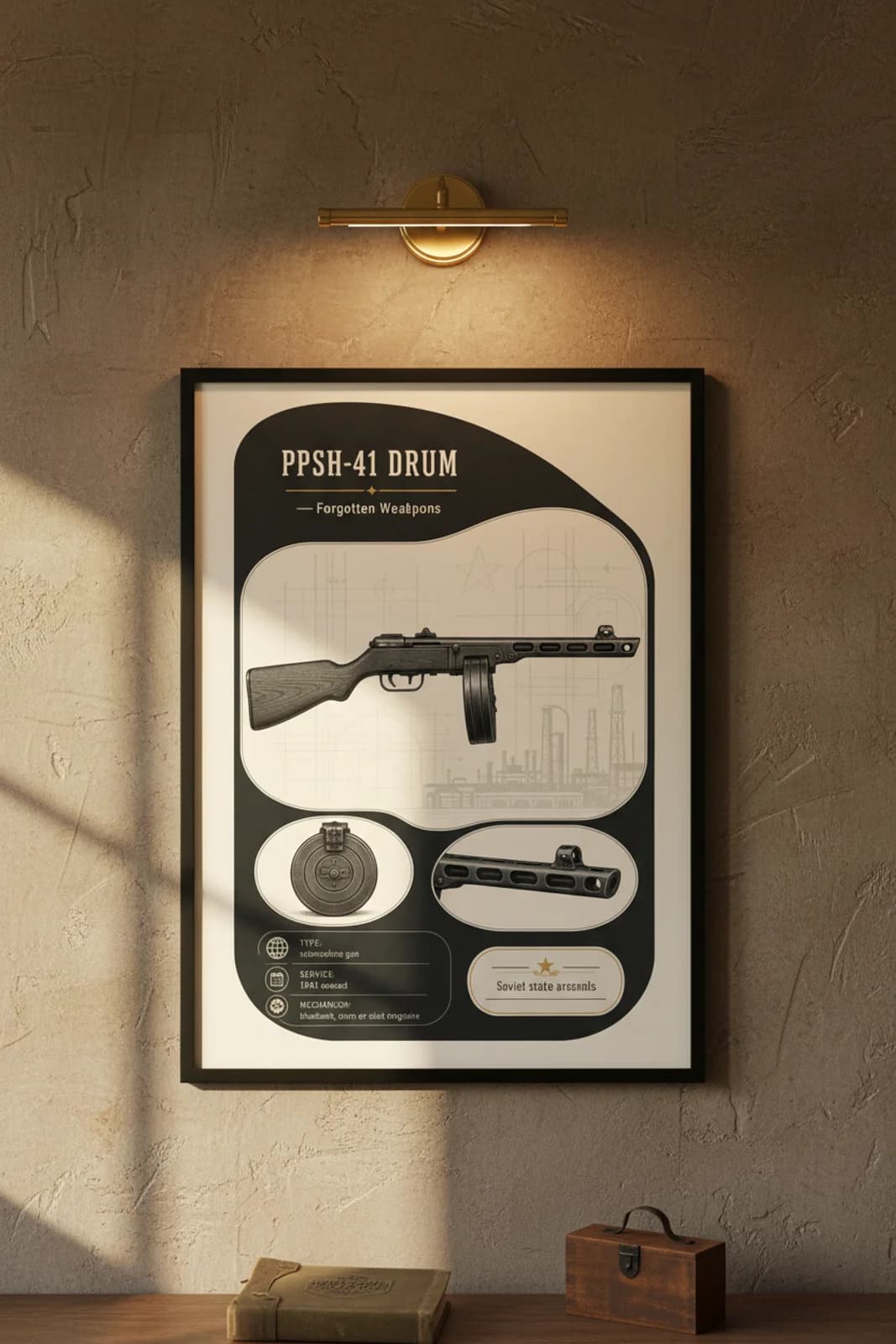 PPSh-41 Drum — Forgotten Weapons poster in black A2 frame on ppsh-41-drum-armoury-wash armoury plaster wall — Forgotten Weapons study mockup