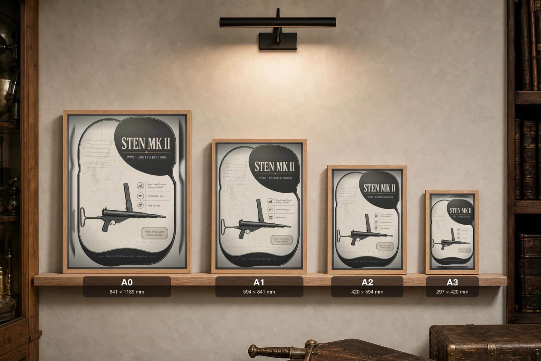 Sten Mk II Poster — WWII Armoury Specimen Print · framed A2 — print size guide showing the artwork at A0, A1, A2 and A3 in natural-oak frames at true relative scale