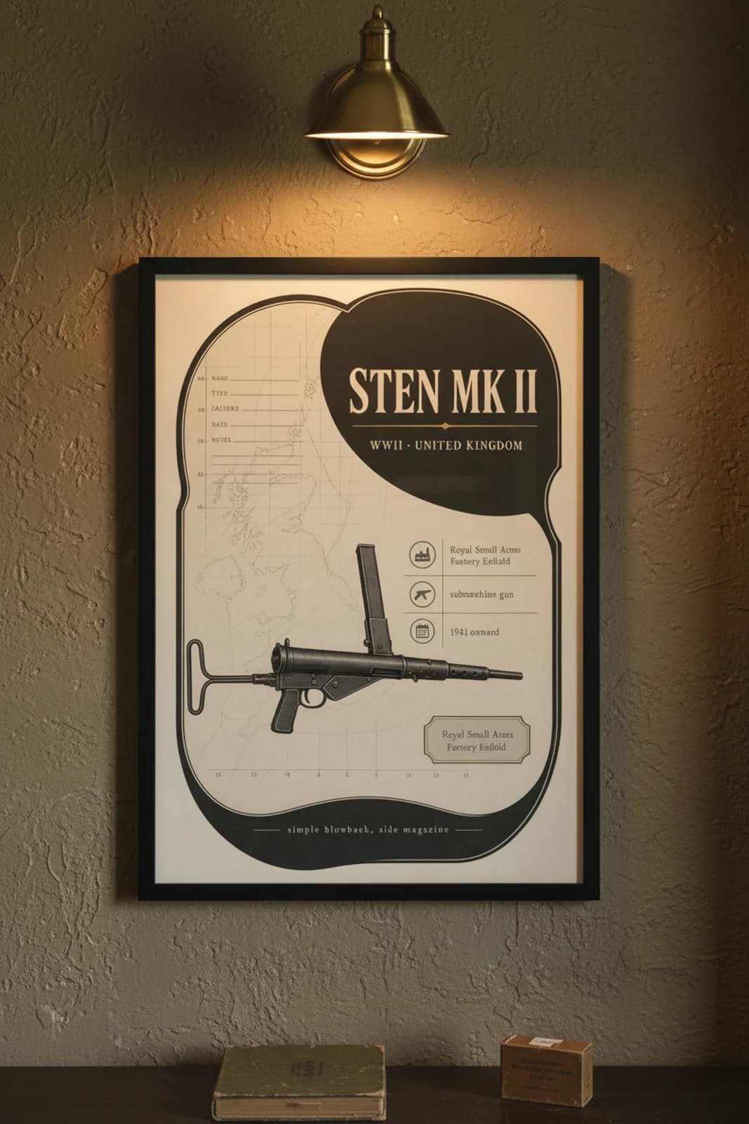 Sten Mk II — Forgotten Weapons poster in black A2 frame on sten-mk-ii-armoury-wash armoury plaster wall — Forgotten Weapons study mockup