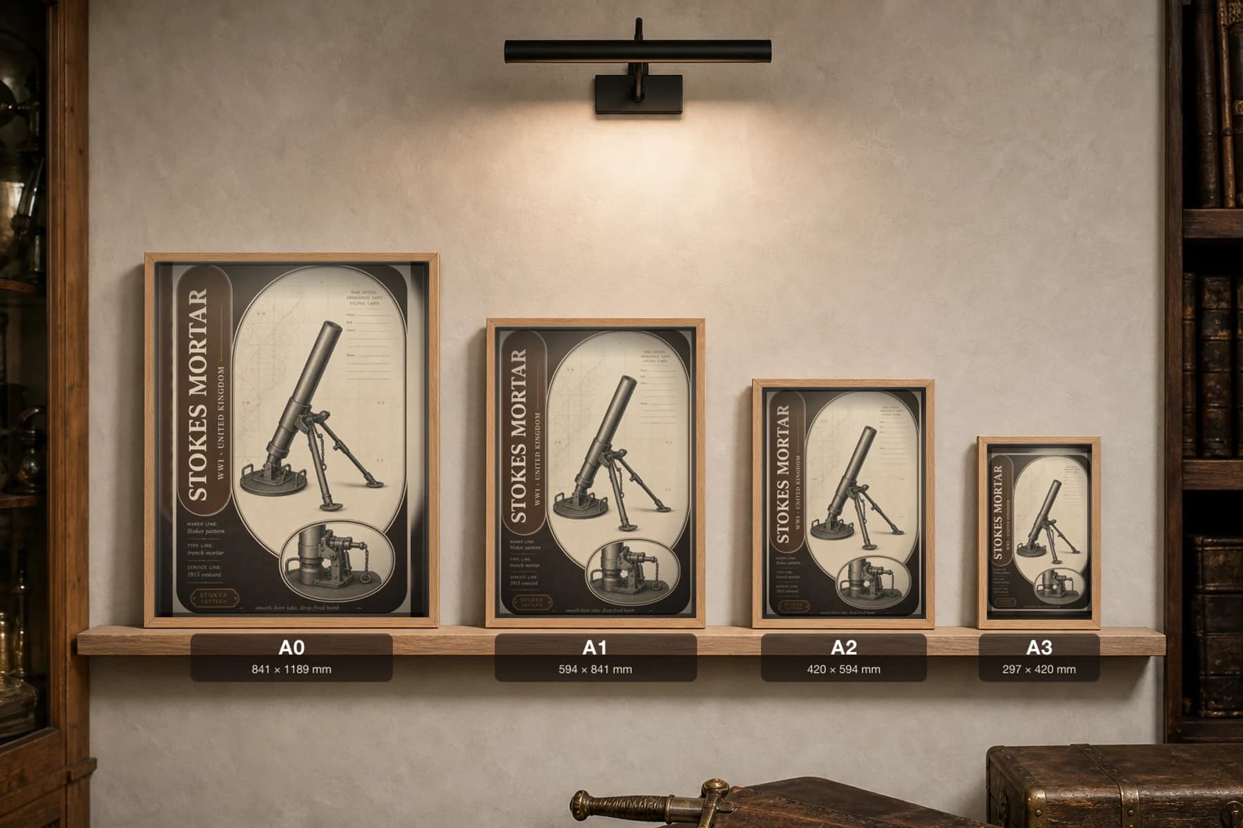 Stokes Mortar Poster — WWI Armoury Specimen Print · framed A2 — print size guide showing the artwork at A0, A1, A2 and A3 in natural-oak frames at true relative scale